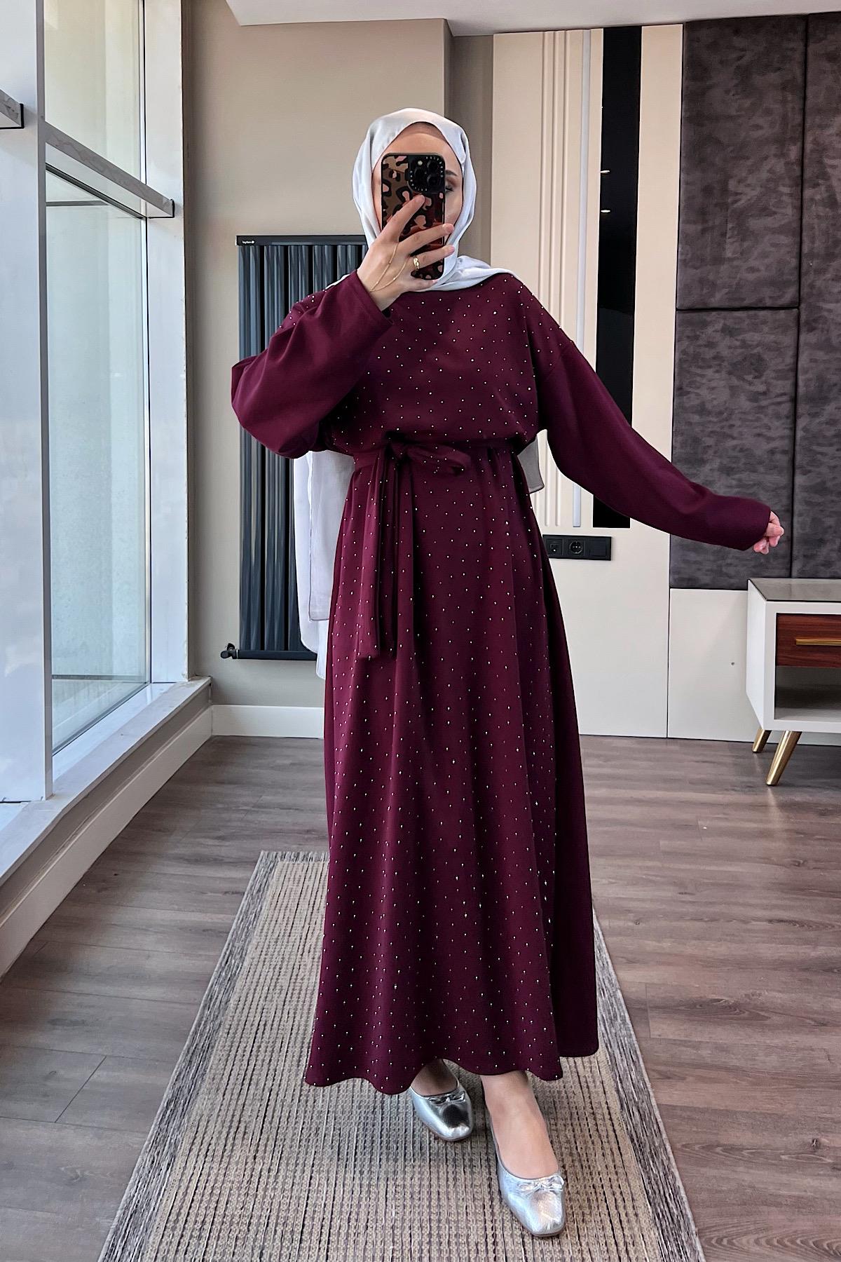 Taşlı Modal Elbise Bordo