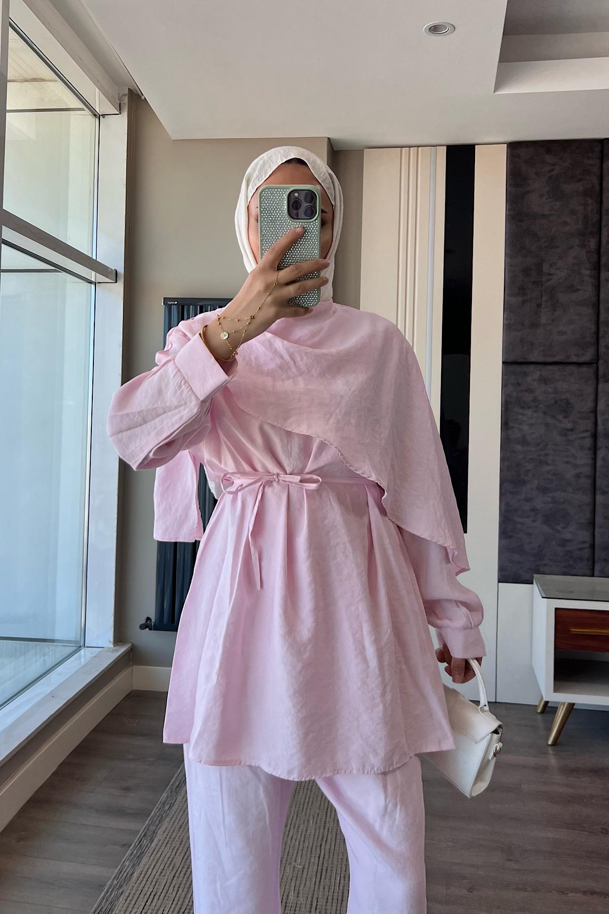Omuz Şal Atkı Detay Takım Toz Pembe