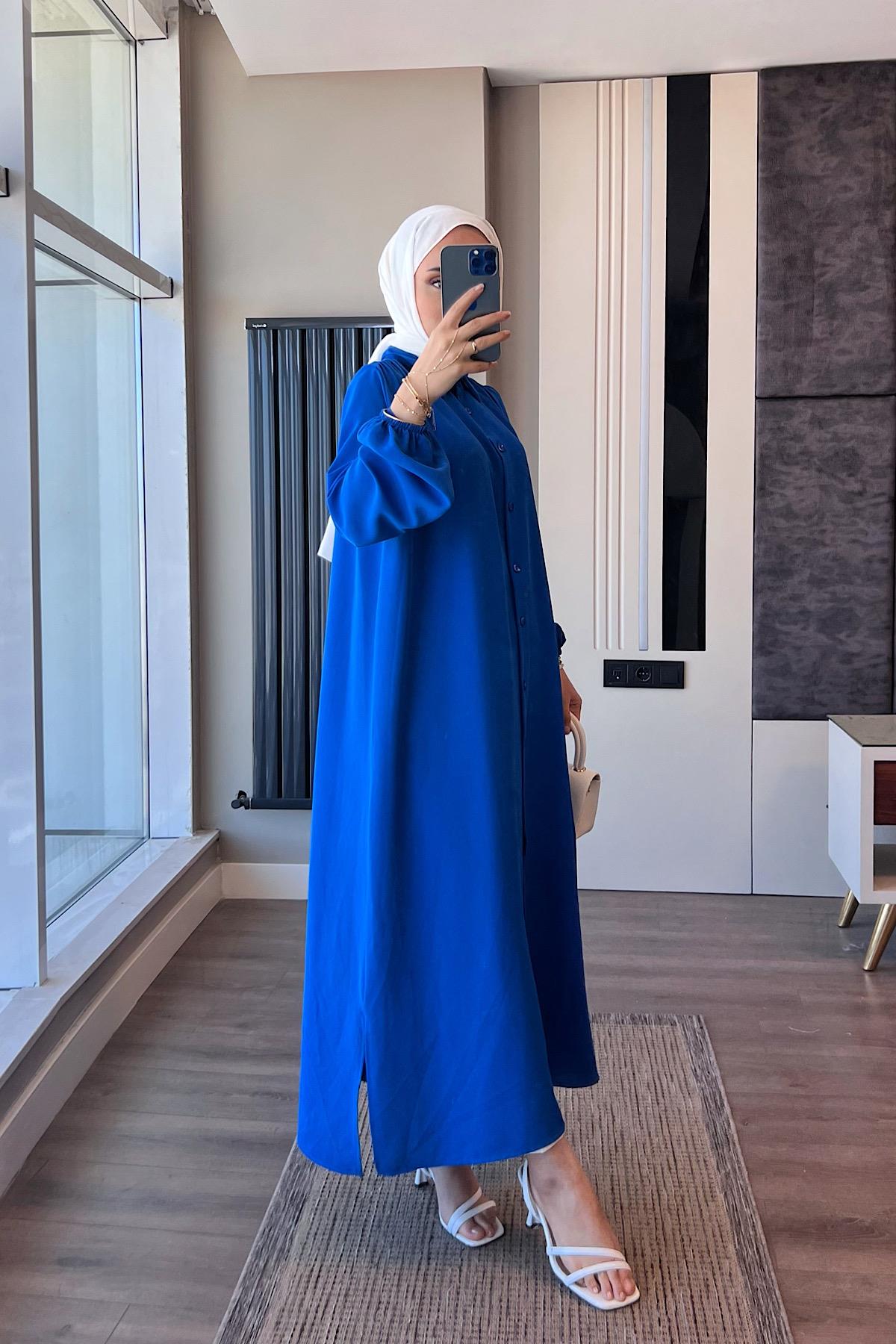 Omuz Pile Detay Düğmeli Tunik Saks Mavisi