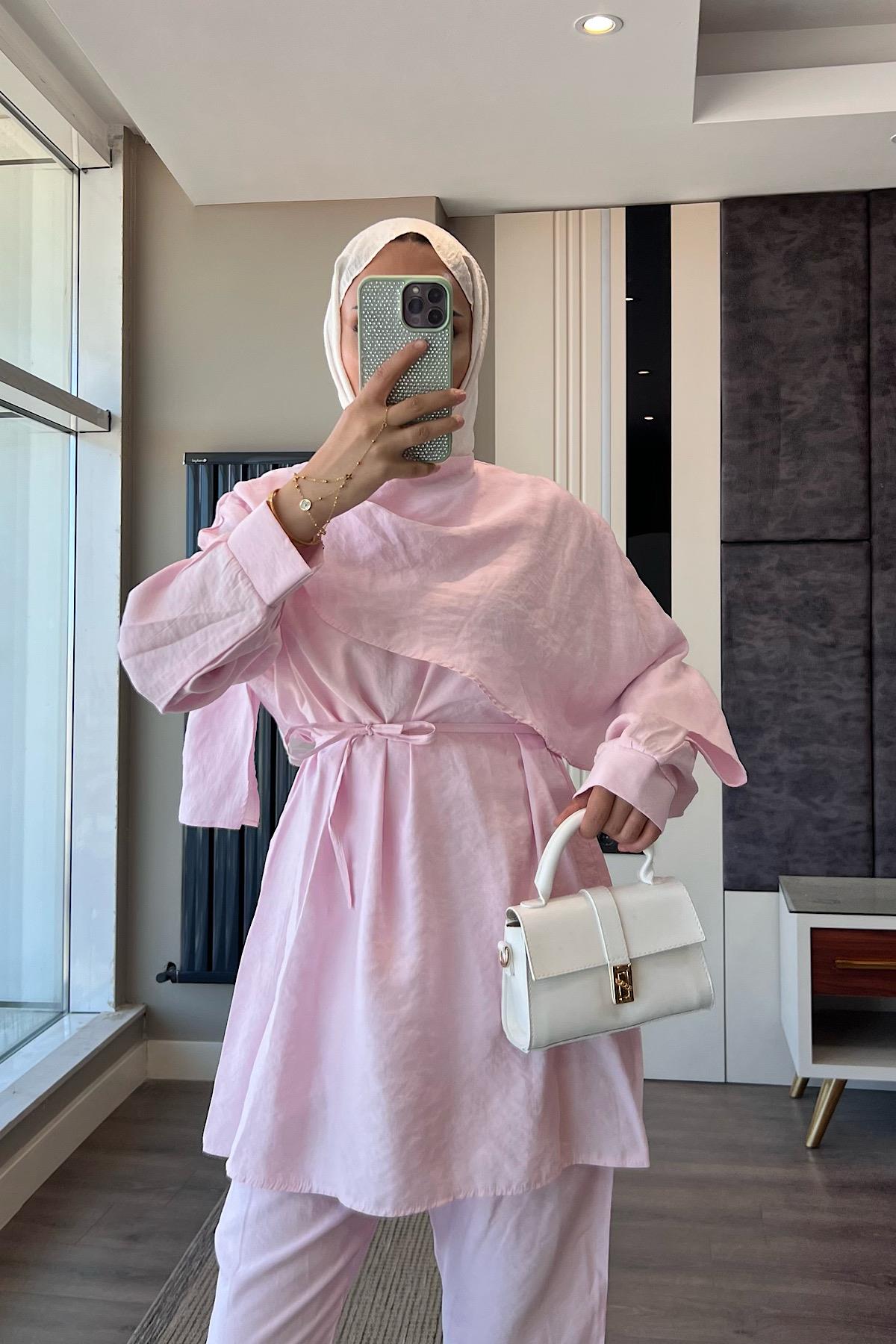 Omuz Şal Atkı Detay Takım Toz Pembe
