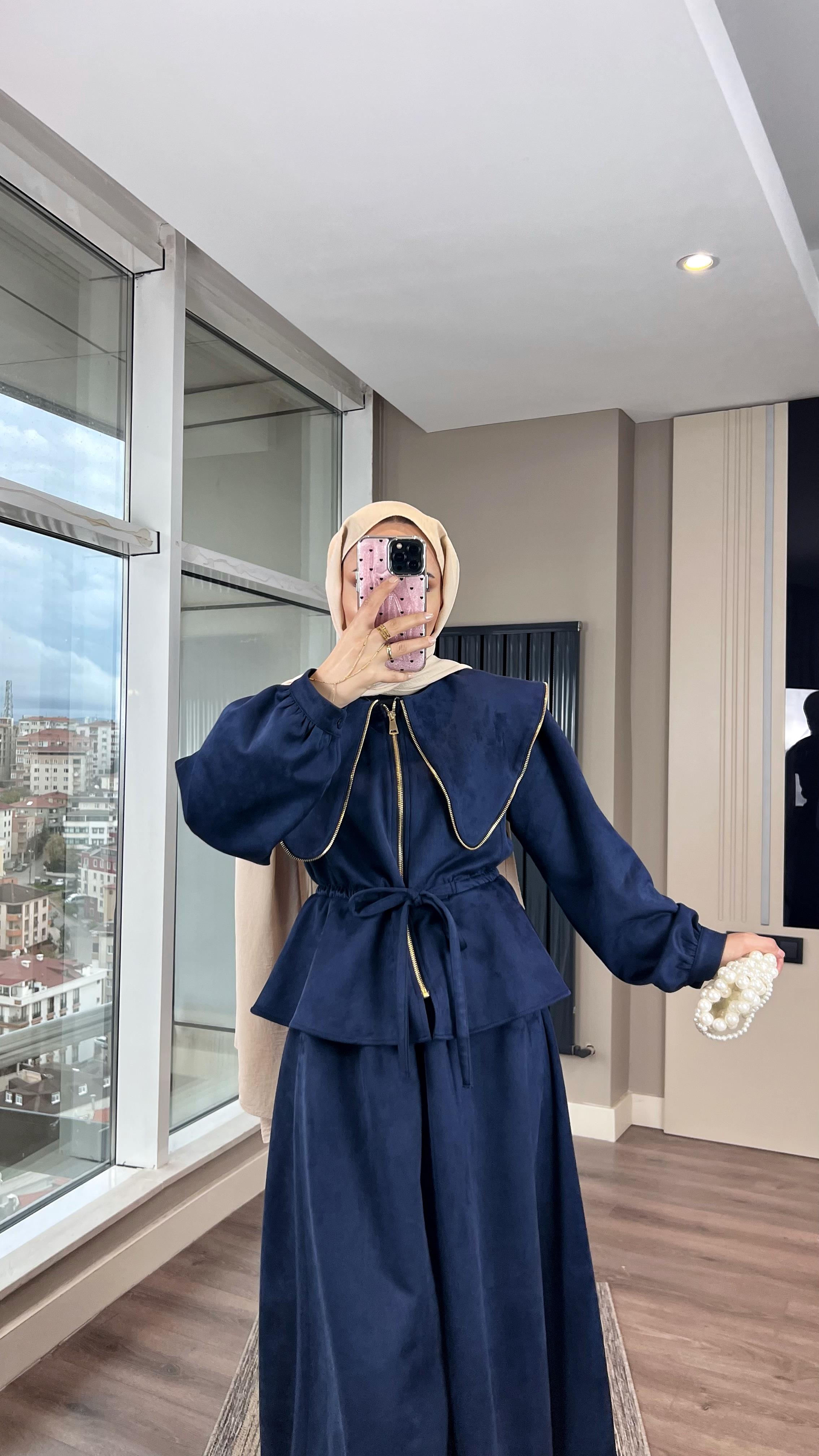 Süet İkili Takım Lacivert