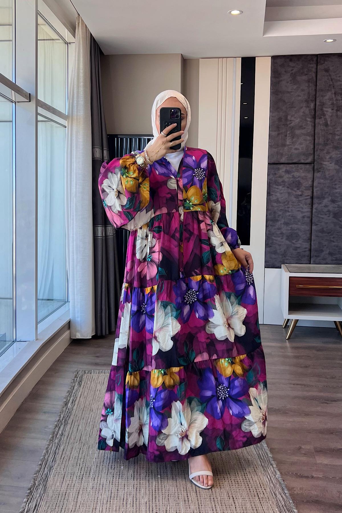 Çiçek Desenli Yarım Patlı Elbise Mor
