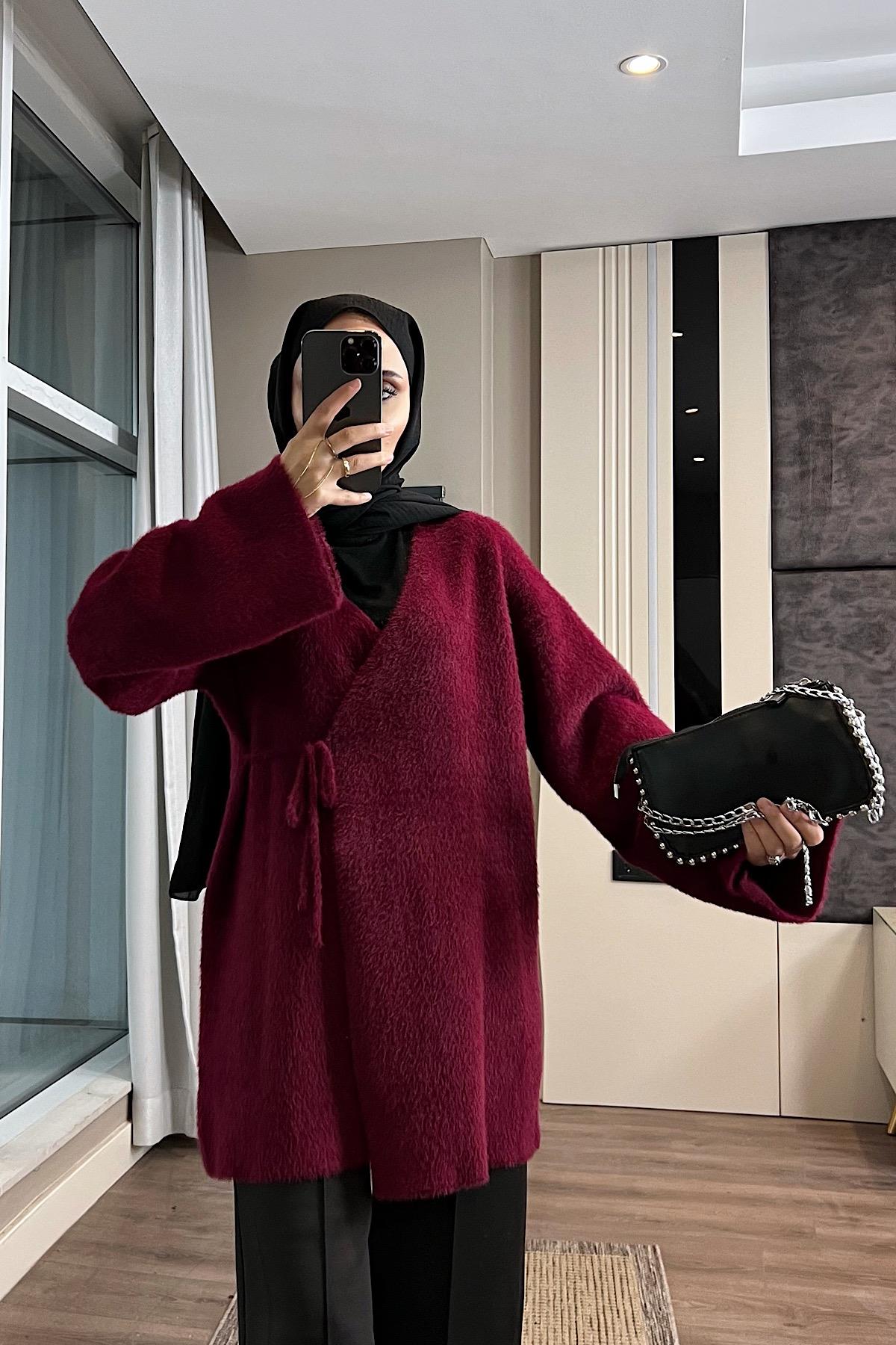 İçten Bağlama Detaylı Yumoş Hırka Bordo
