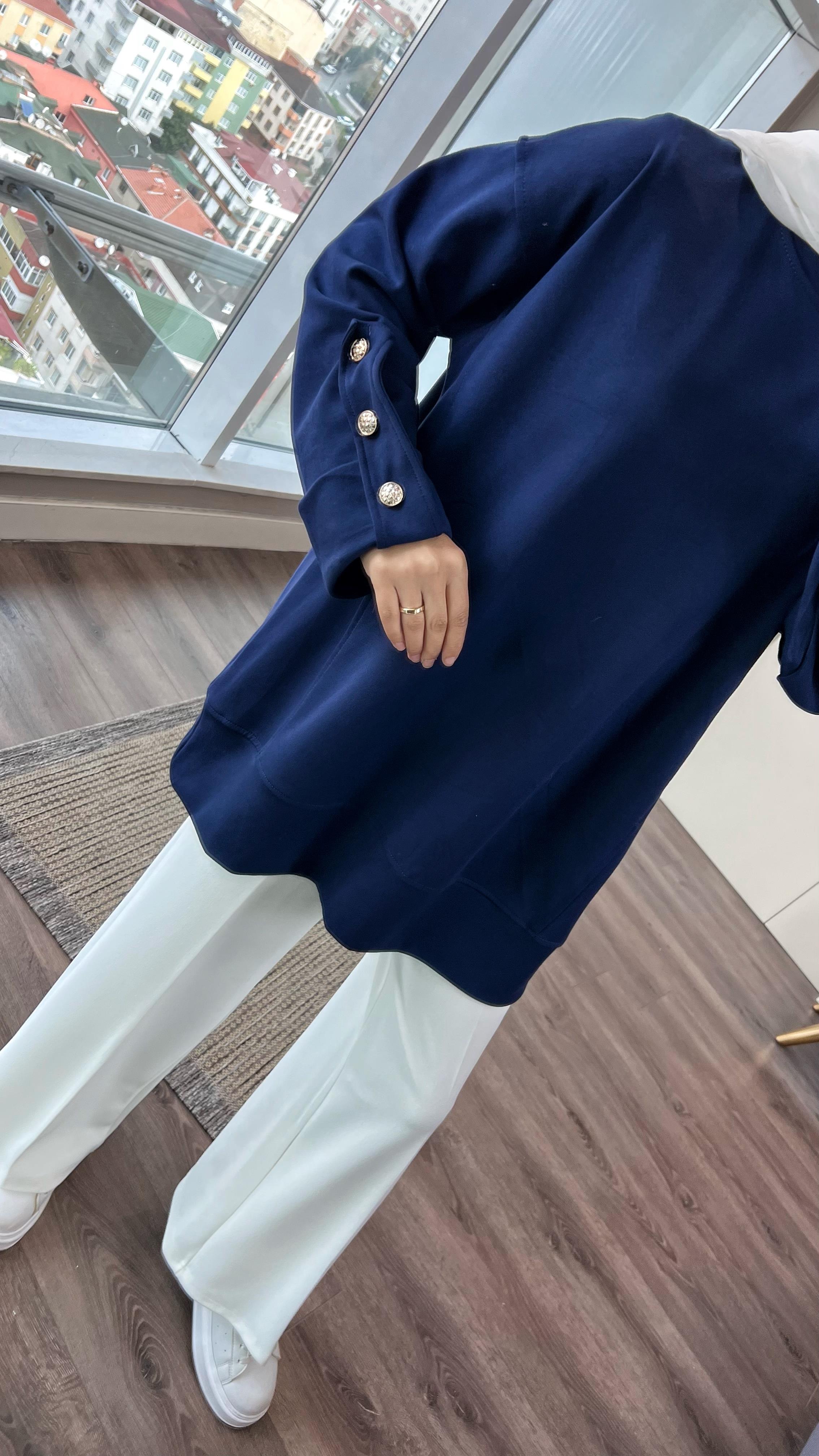 Kolu Düğme Detaylı Sweat Lacivert