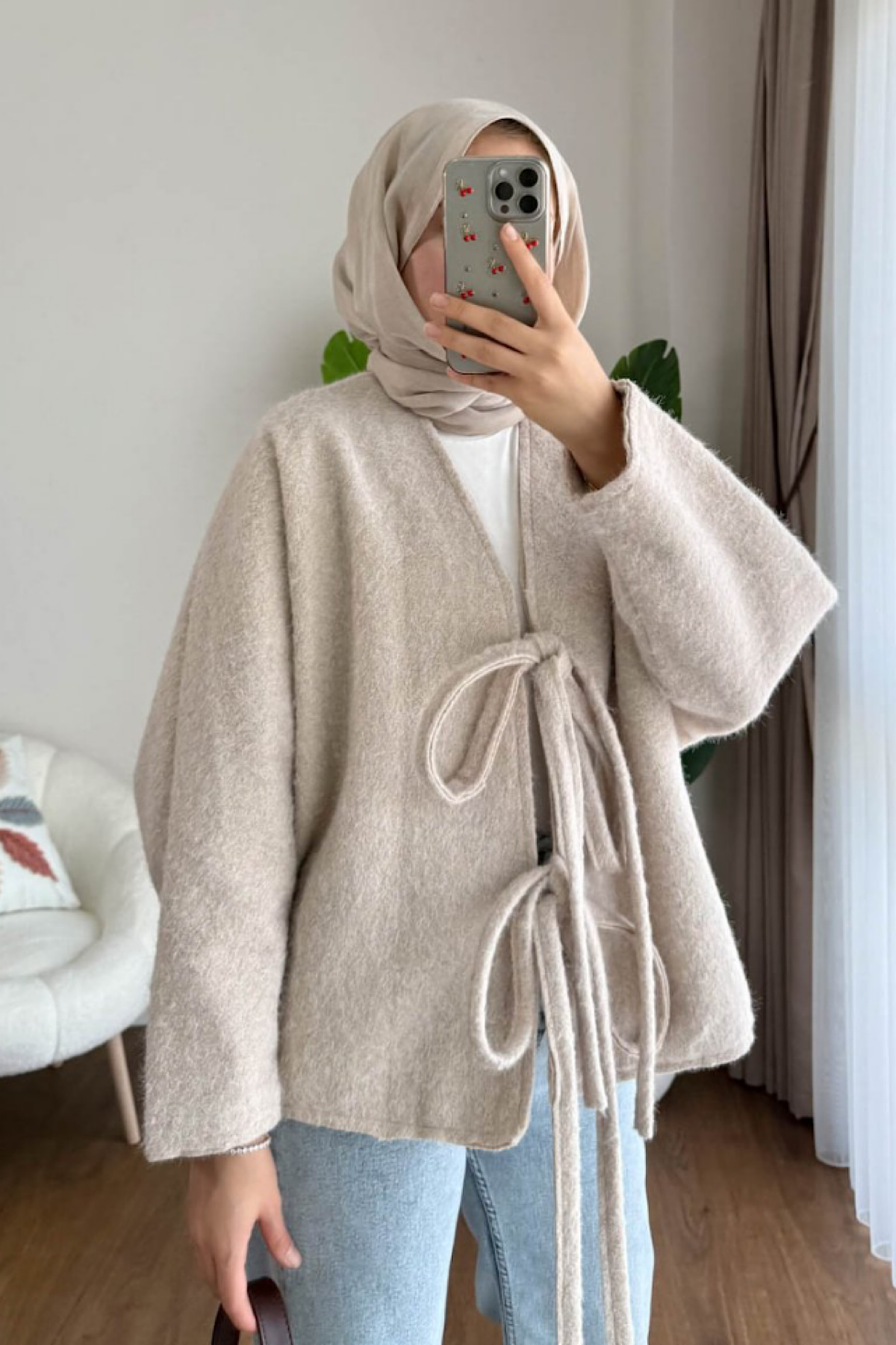 Önü Bağcıklı Kaşmir Ceket Bej