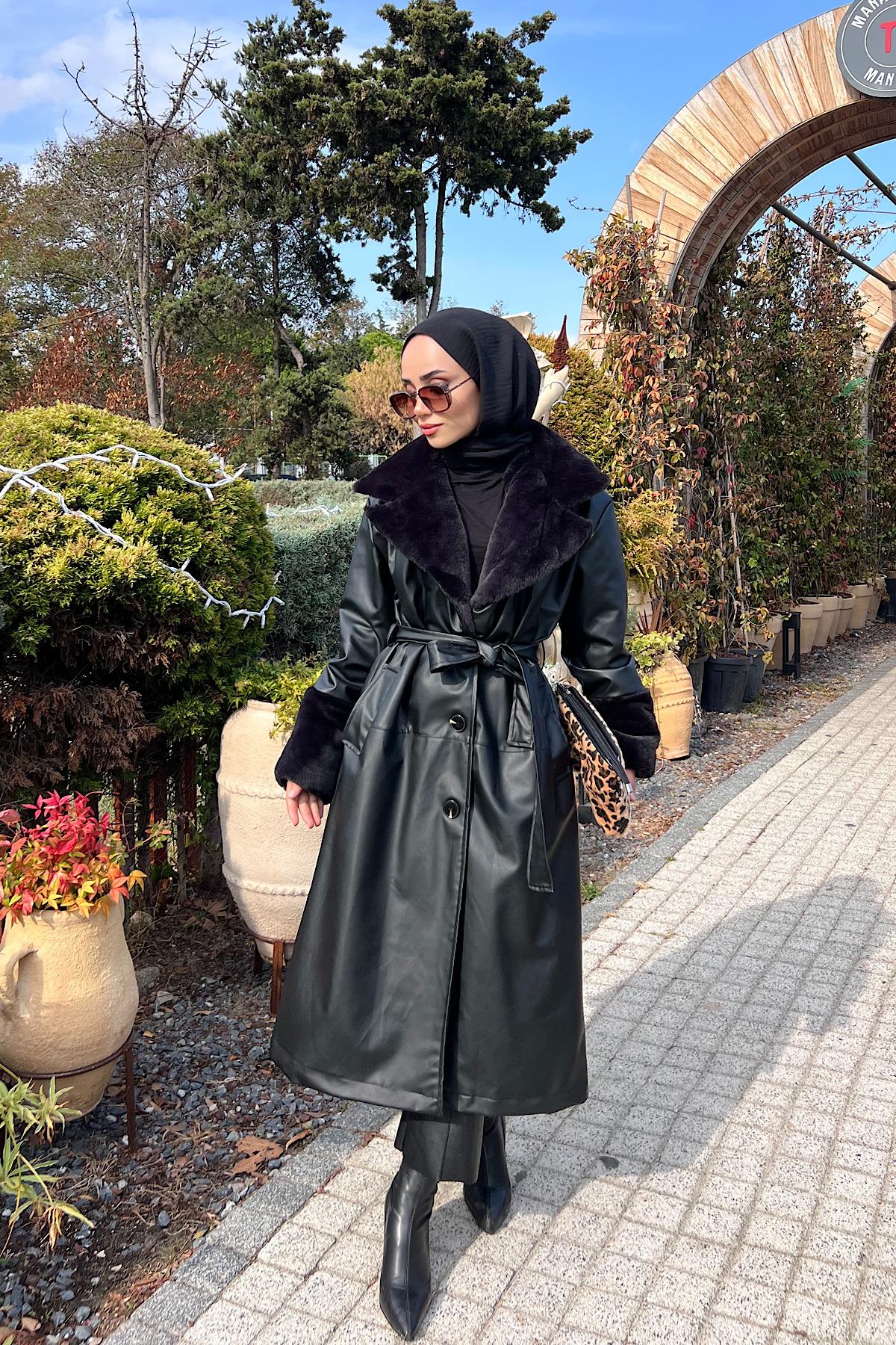 Yakası Kürklü Deri Trenç Siyah