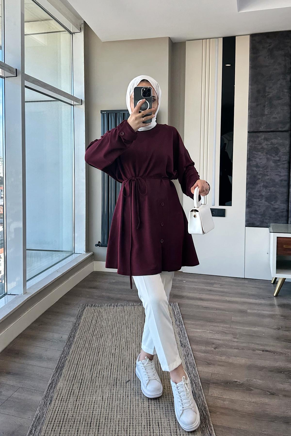 Düğme Detaylı Tunik Bordo