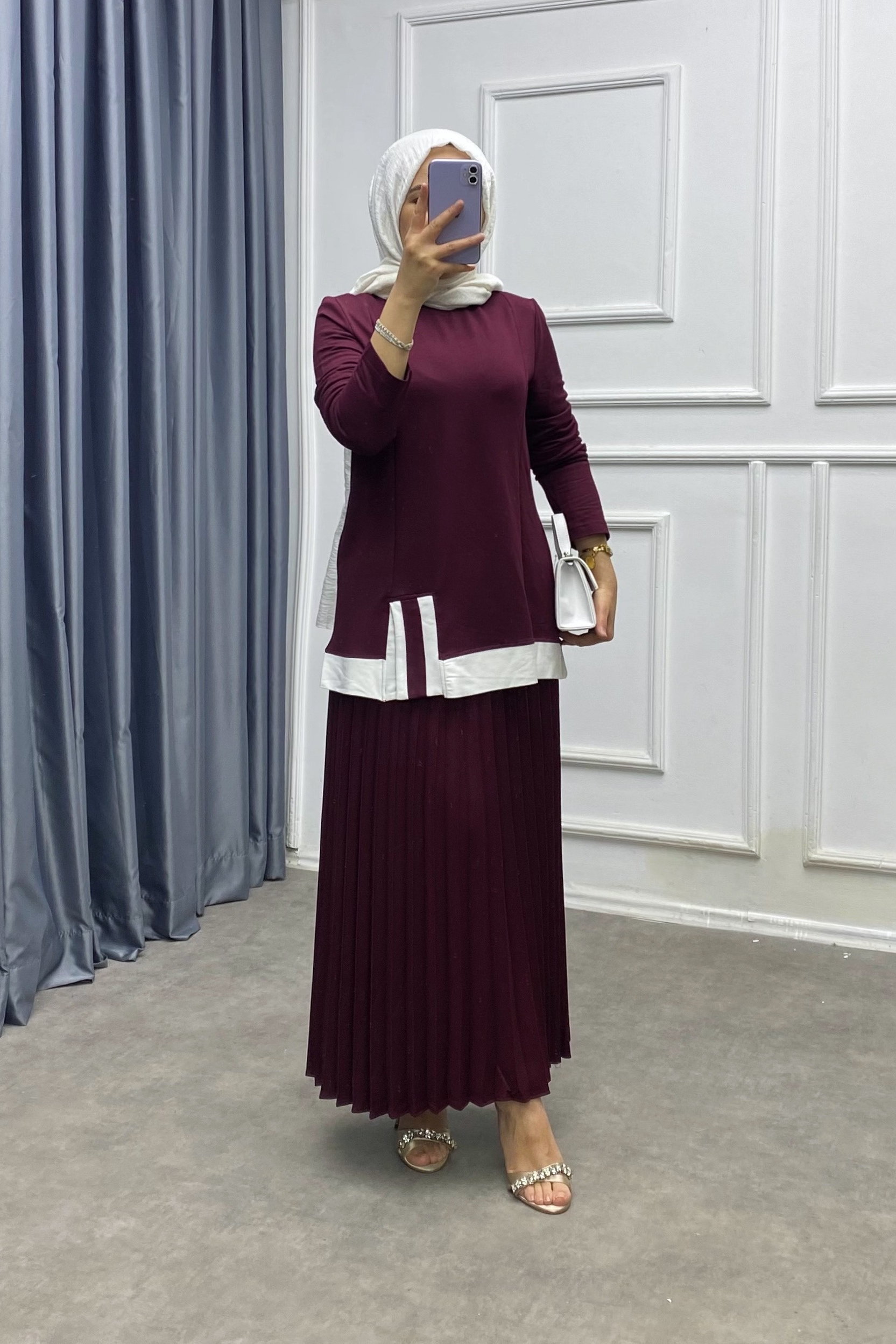 Altı Pileli Etekli Takım Bordo
