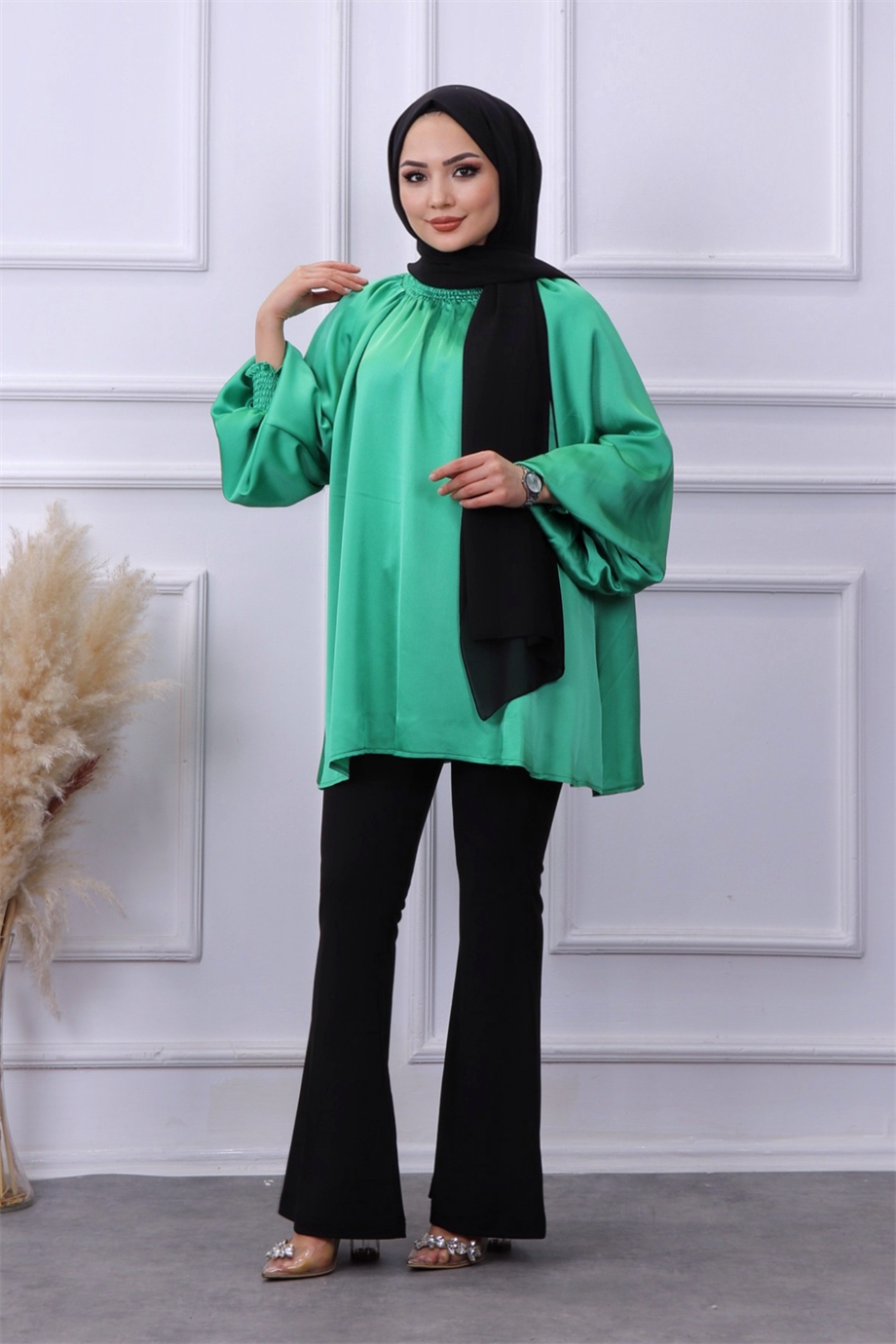Asimetrik Kesim Saten Tunik 