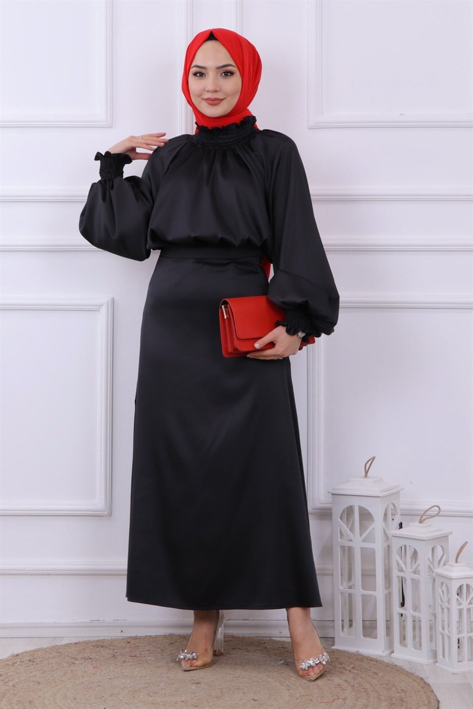 Asimetrik Kesim Saten Tunik Siyah