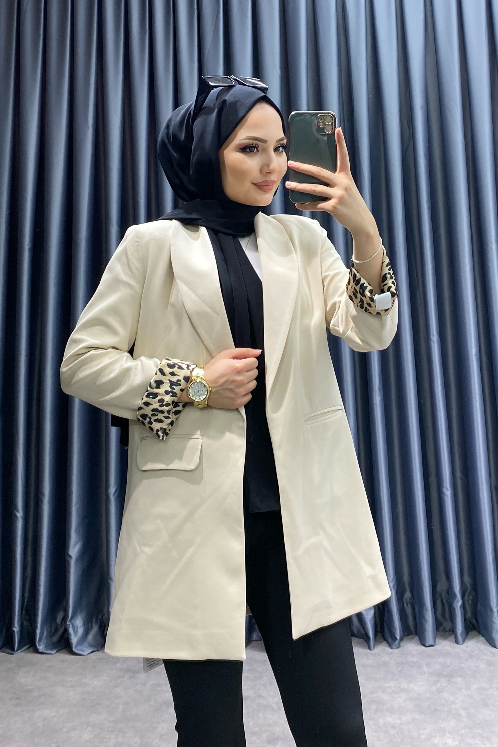 Astarı Leoparlı Ceket Bej