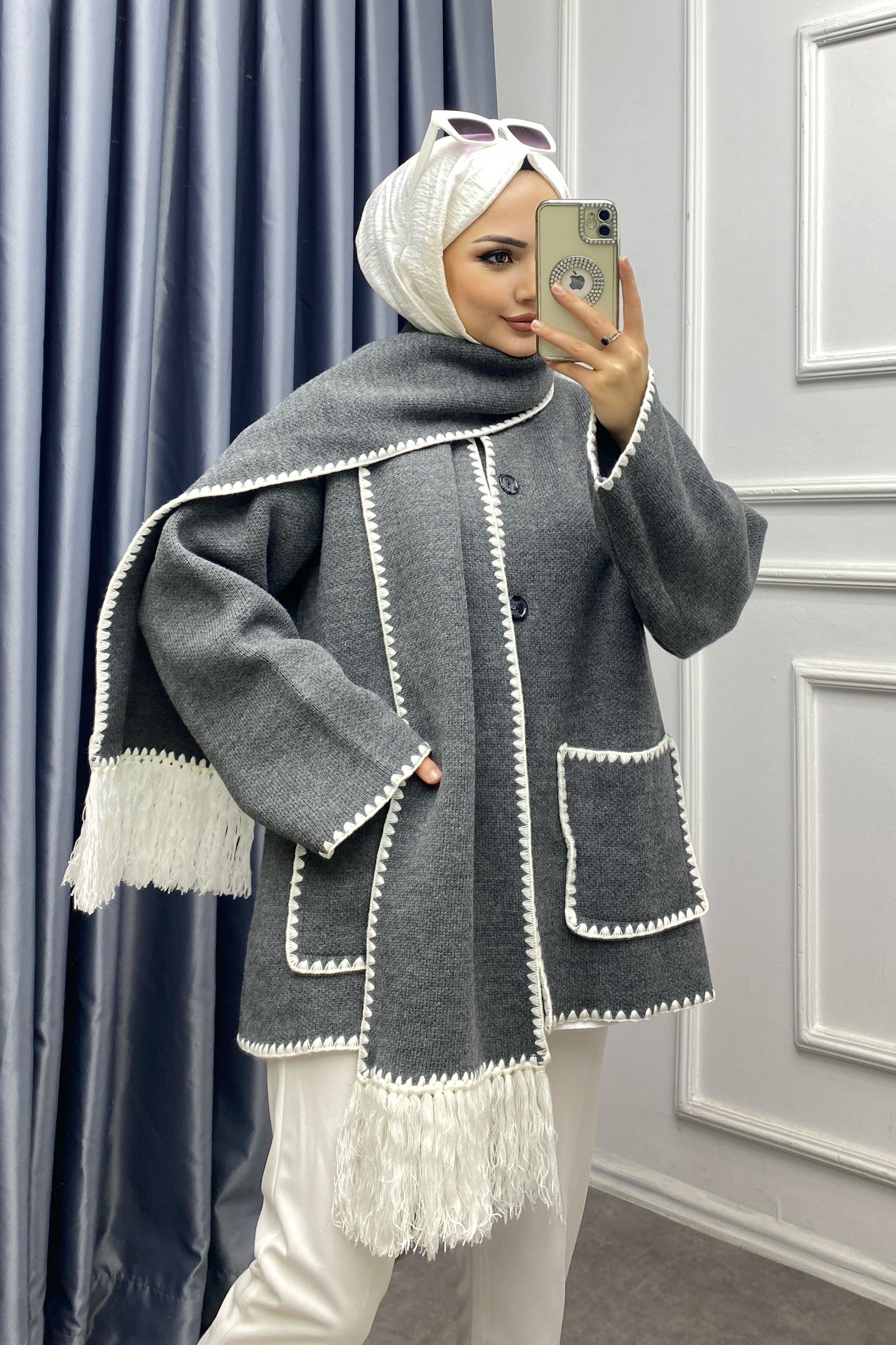 Atkı Detaylı Çelik Örgü Hırka Gri