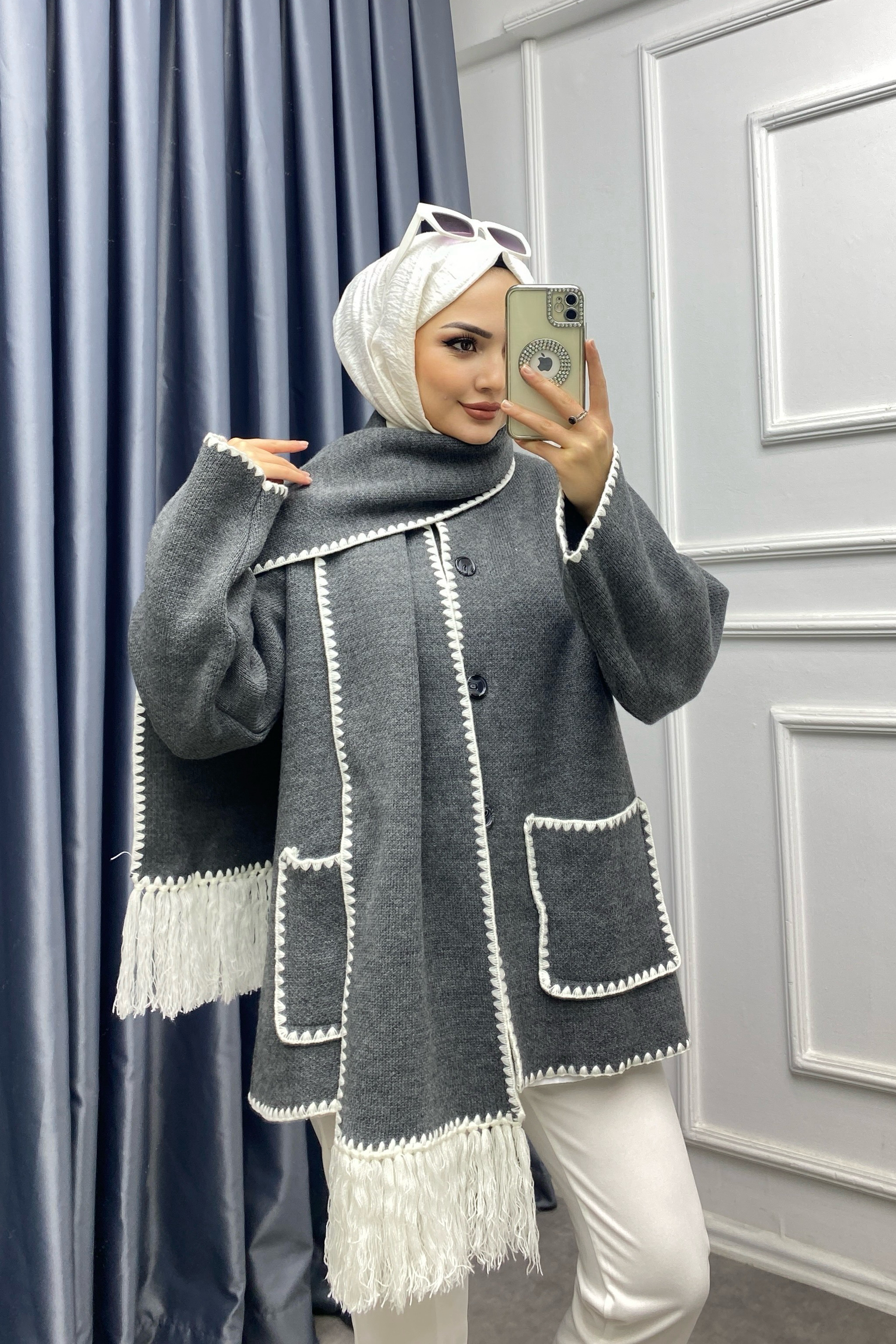Atkı Detaylı Çelik Örgü Hırka Gri