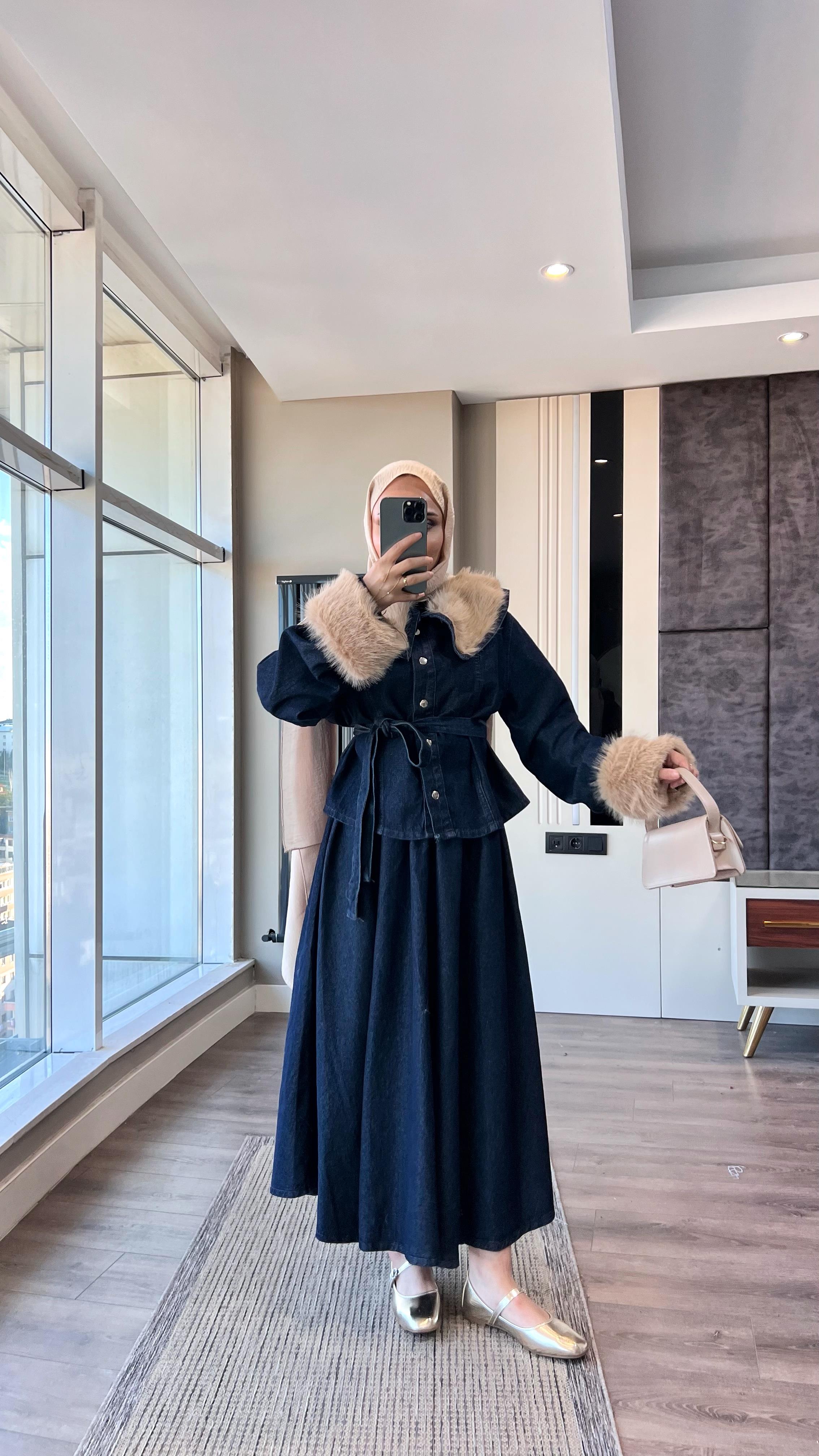 Manşet Kürk Detay Denim Takım Koyu Kot