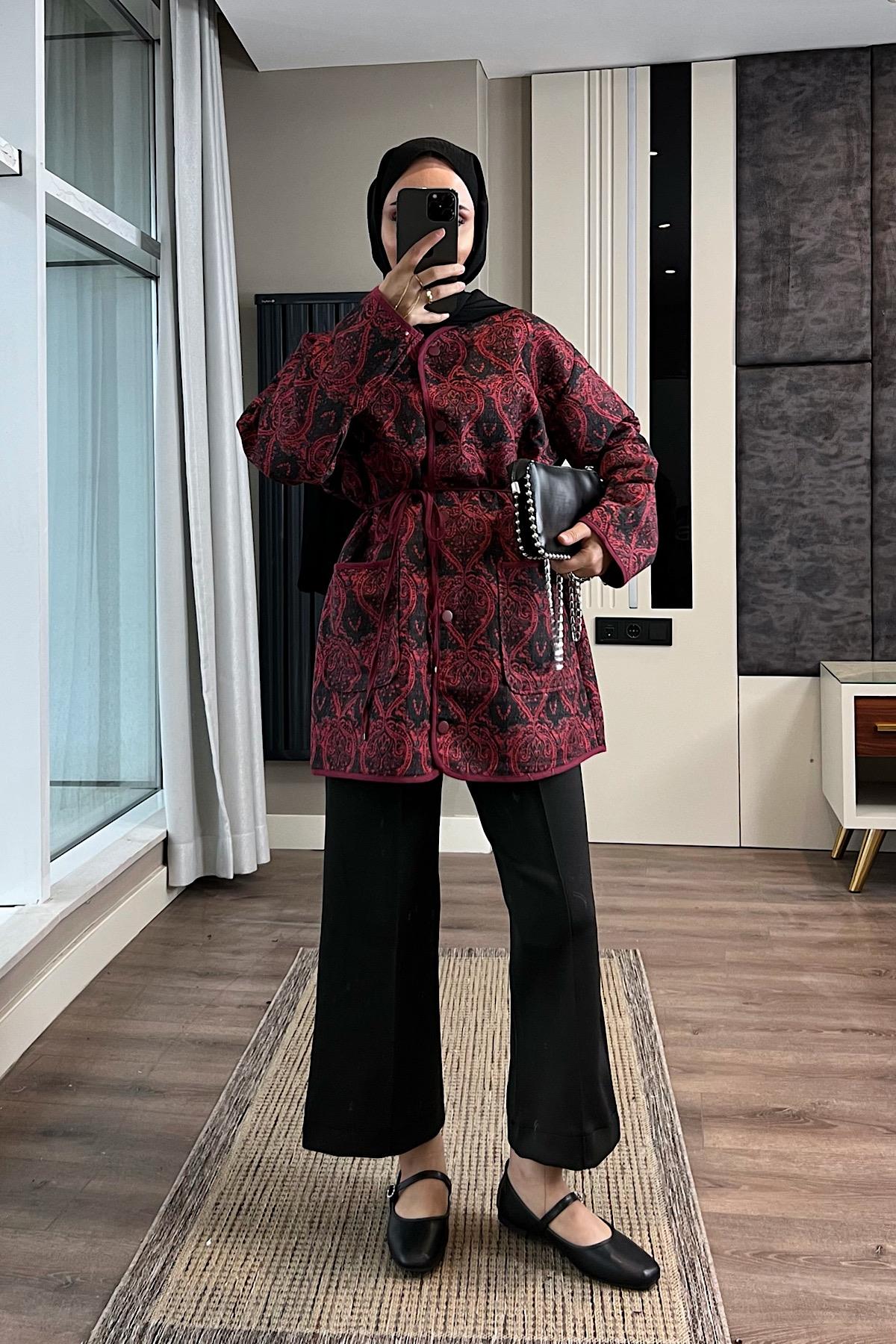 Desenli Kimono Bordo
