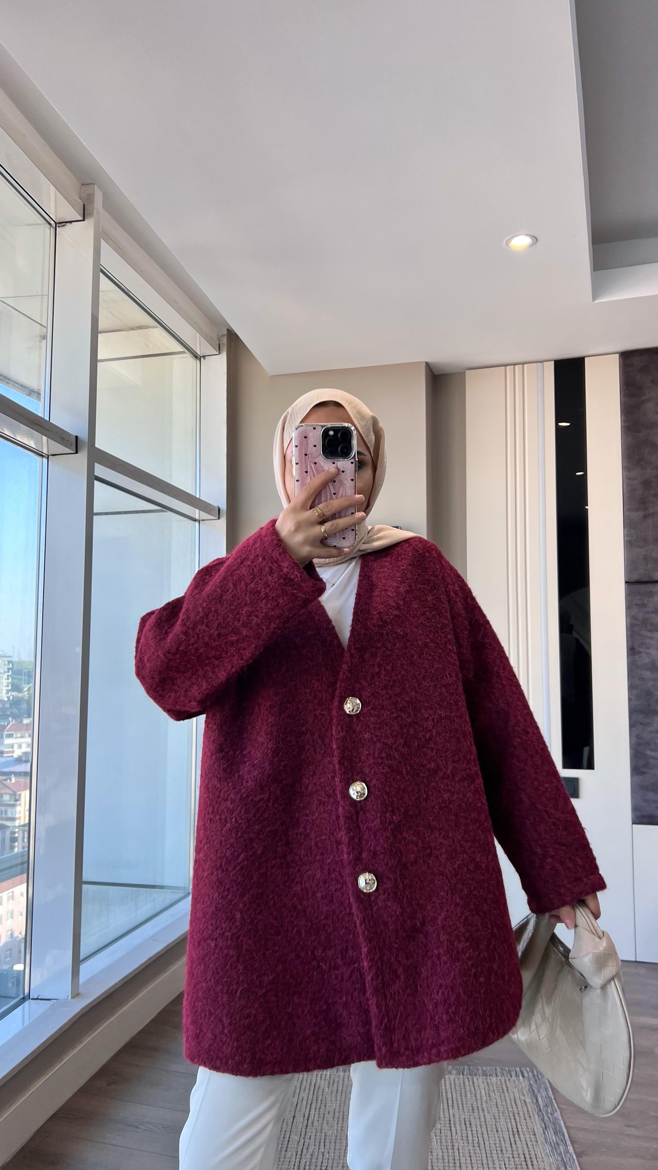 Kruvaze Yaka Buklet Hırka Bordo