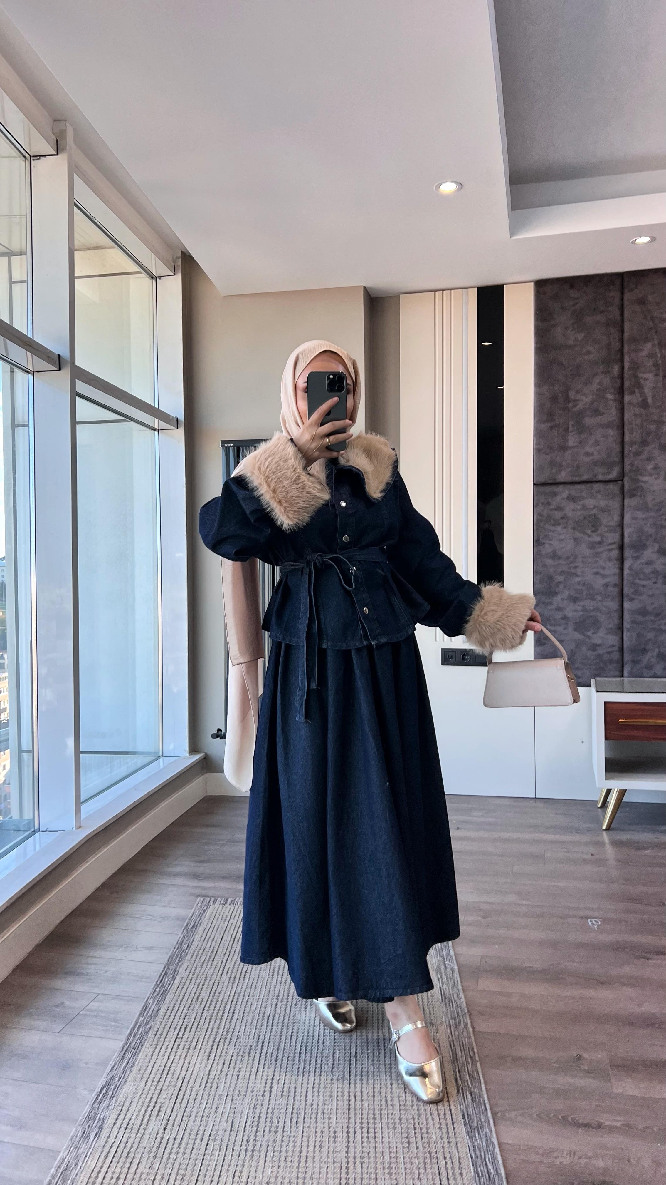 Manşet Kürk Detay Denim Takım Koyu Kot