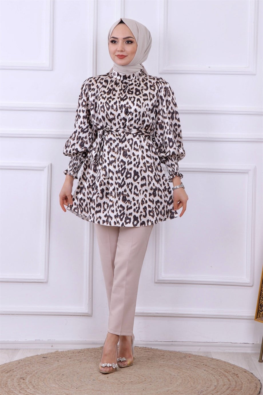 Balon Kol Leopar Desen Tunik - Kahve
