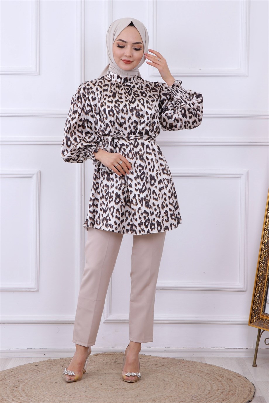 Balon Kol Leopar Desen Tunik - Kahve
