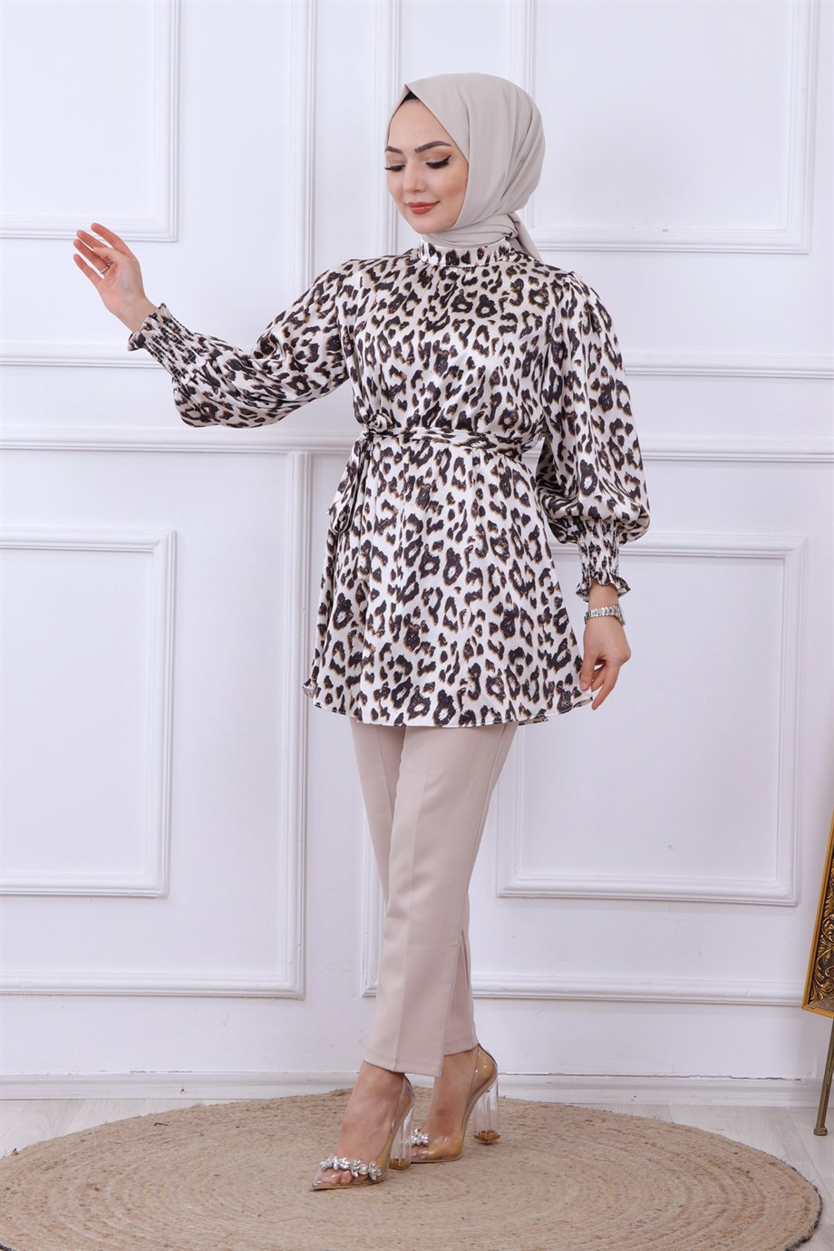 Balon Kol Leopar Desen Tunik - Kahve