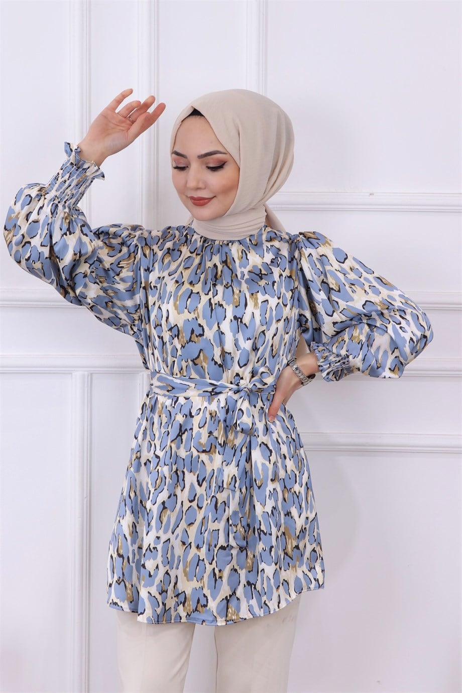 Balon Kol Leopar Desen Tunik  Mavi