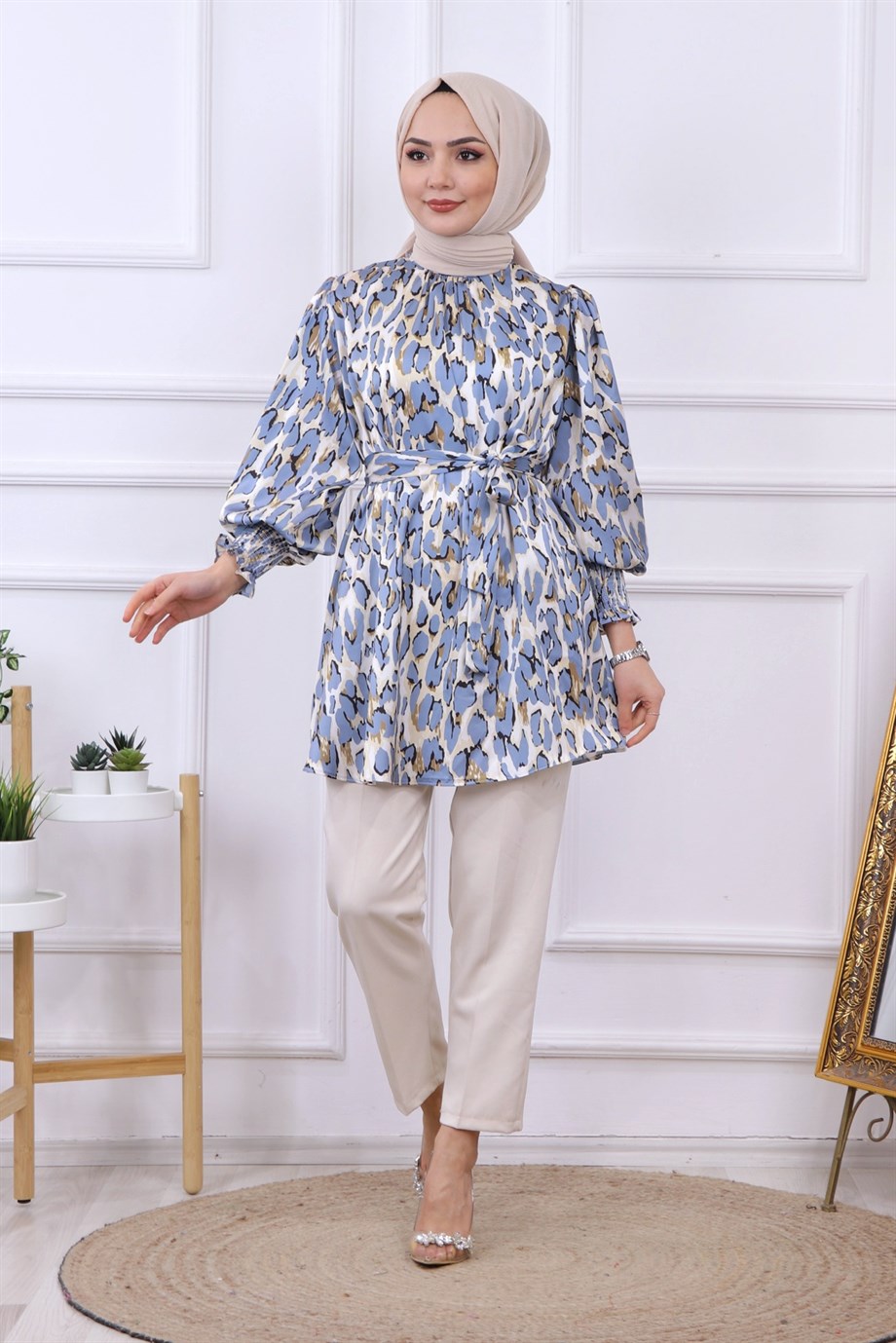 Balon Kol Leopar Desen Tunik  Mavi