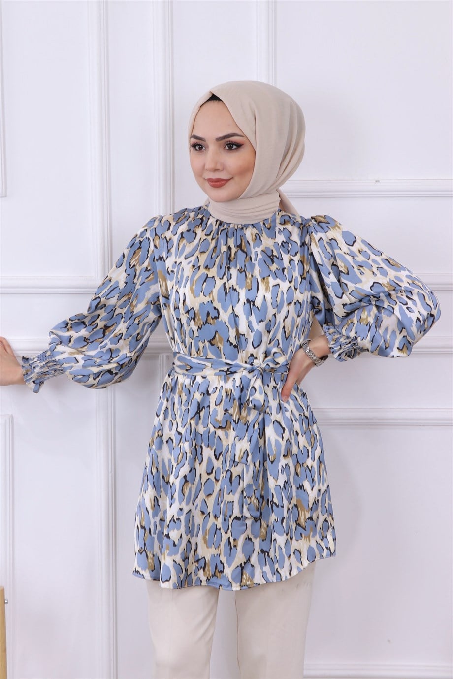 Balon Kol Leopar Desen Tunik  Mavi