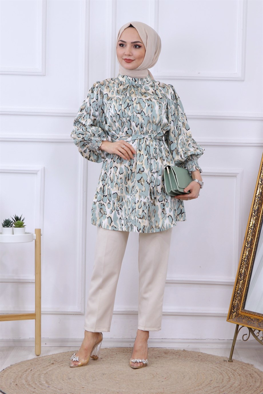 Balon Kol Leopar Desen Tunik  Mint Yeşili