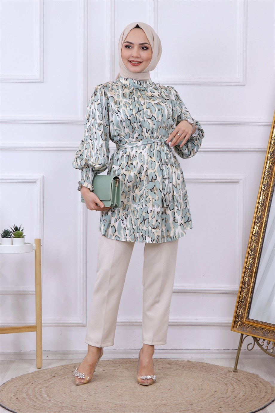 Balon Kol Leopar Desen Tunik  Mint Yeşili