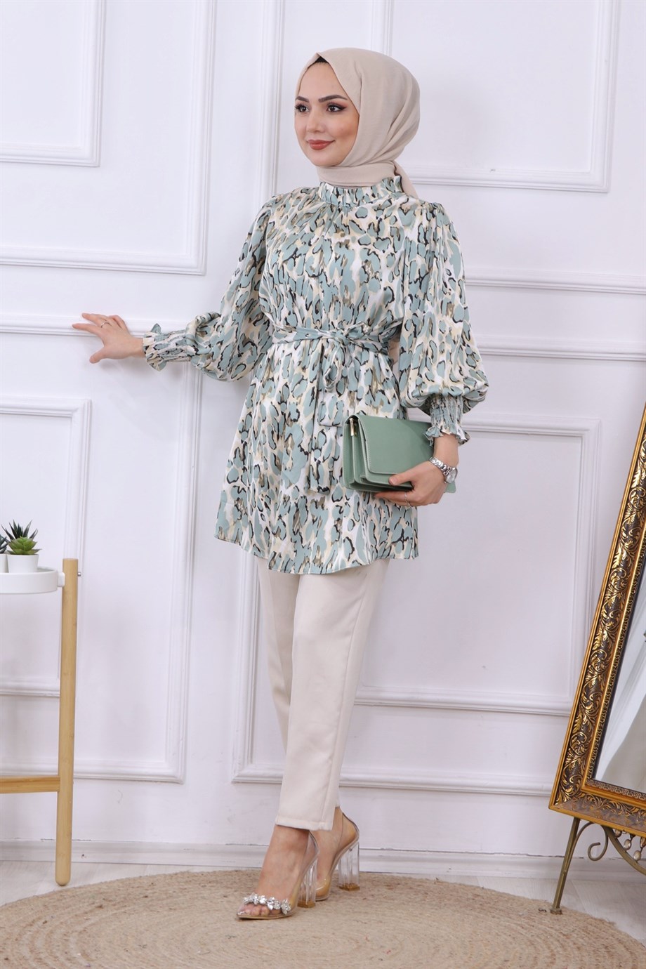 Balon Kol Leopar Desen Tunik  Mint Yeşili