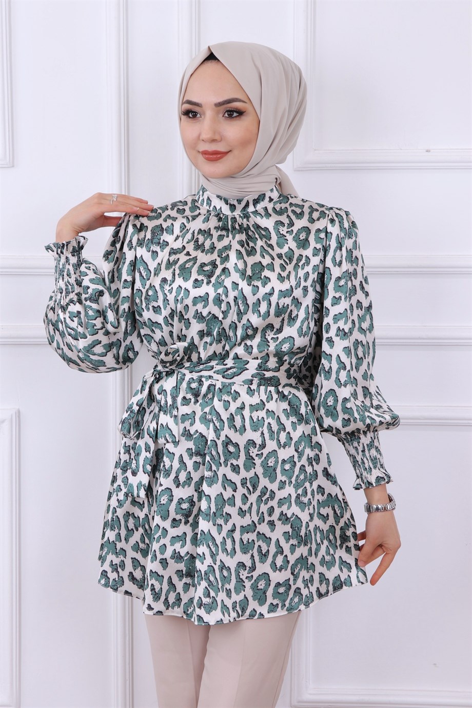 Balon Kol Leopar Desen Tunik - Yeşil