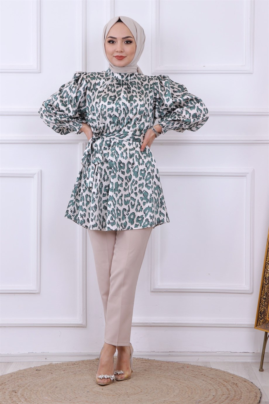 Balon Kol Leopar Desen Tunik - Yeşil
