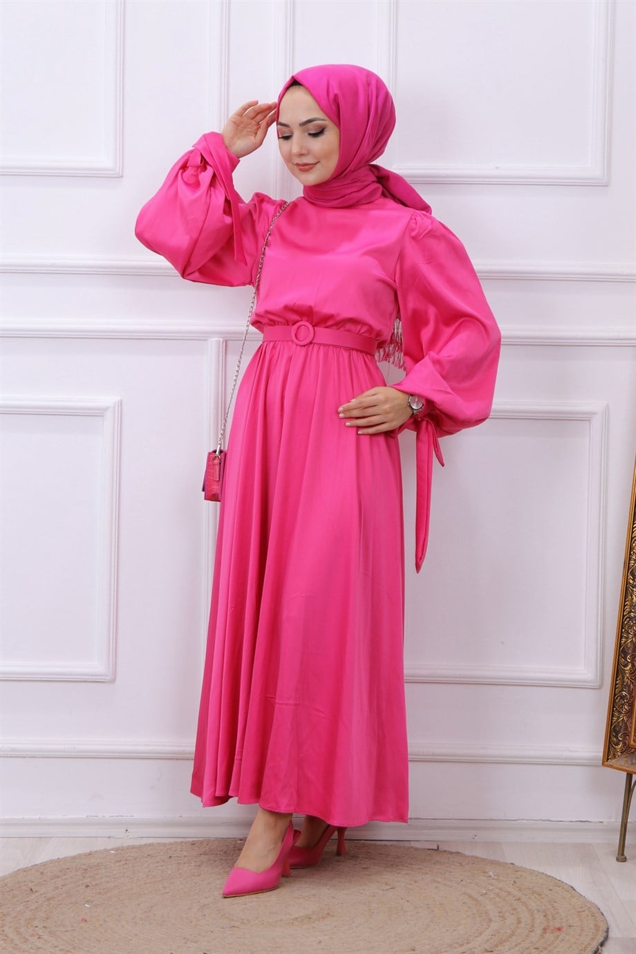 Balon Kol Saten Elbise Pembe