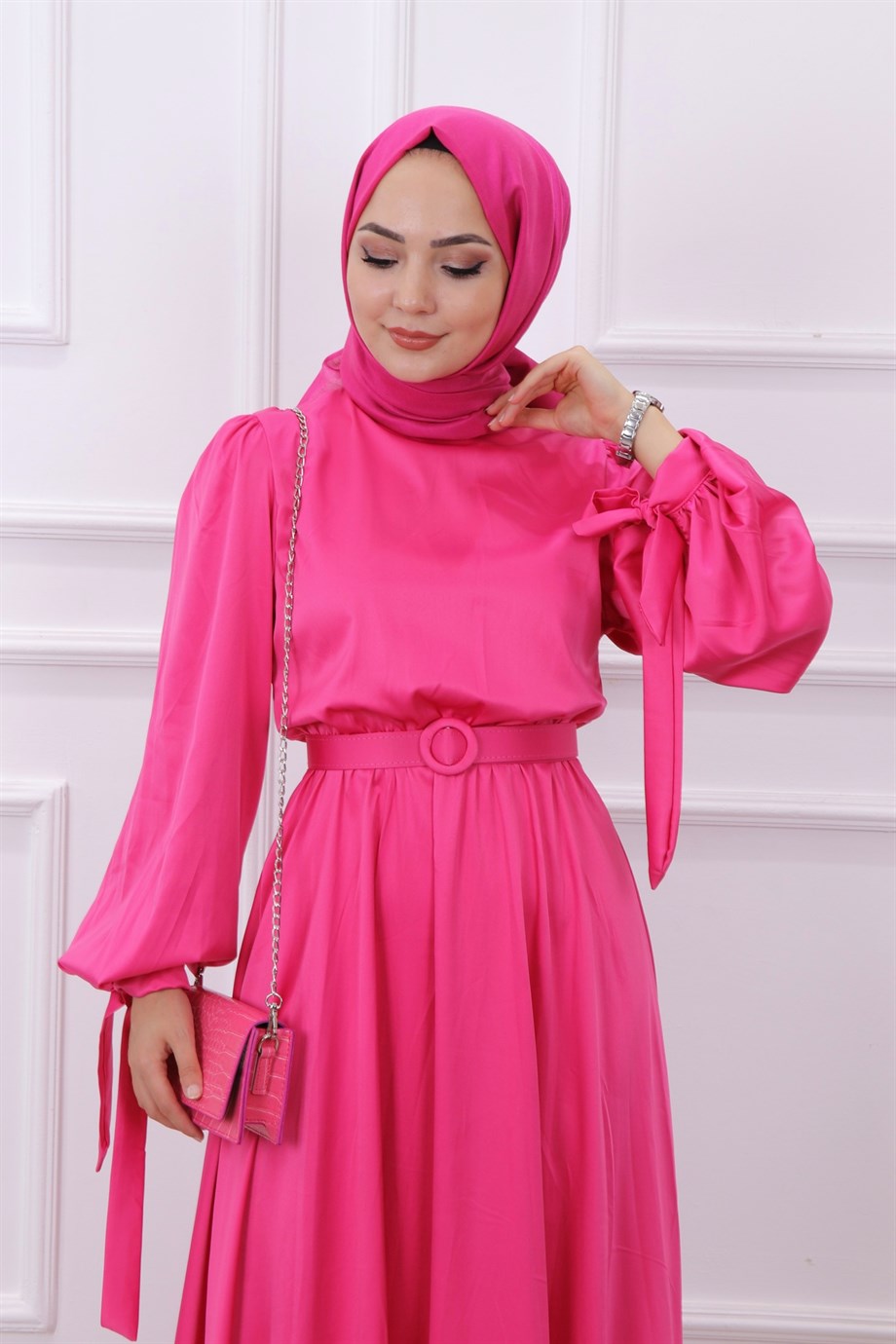 Balon Kol Saten Elbise Pembe