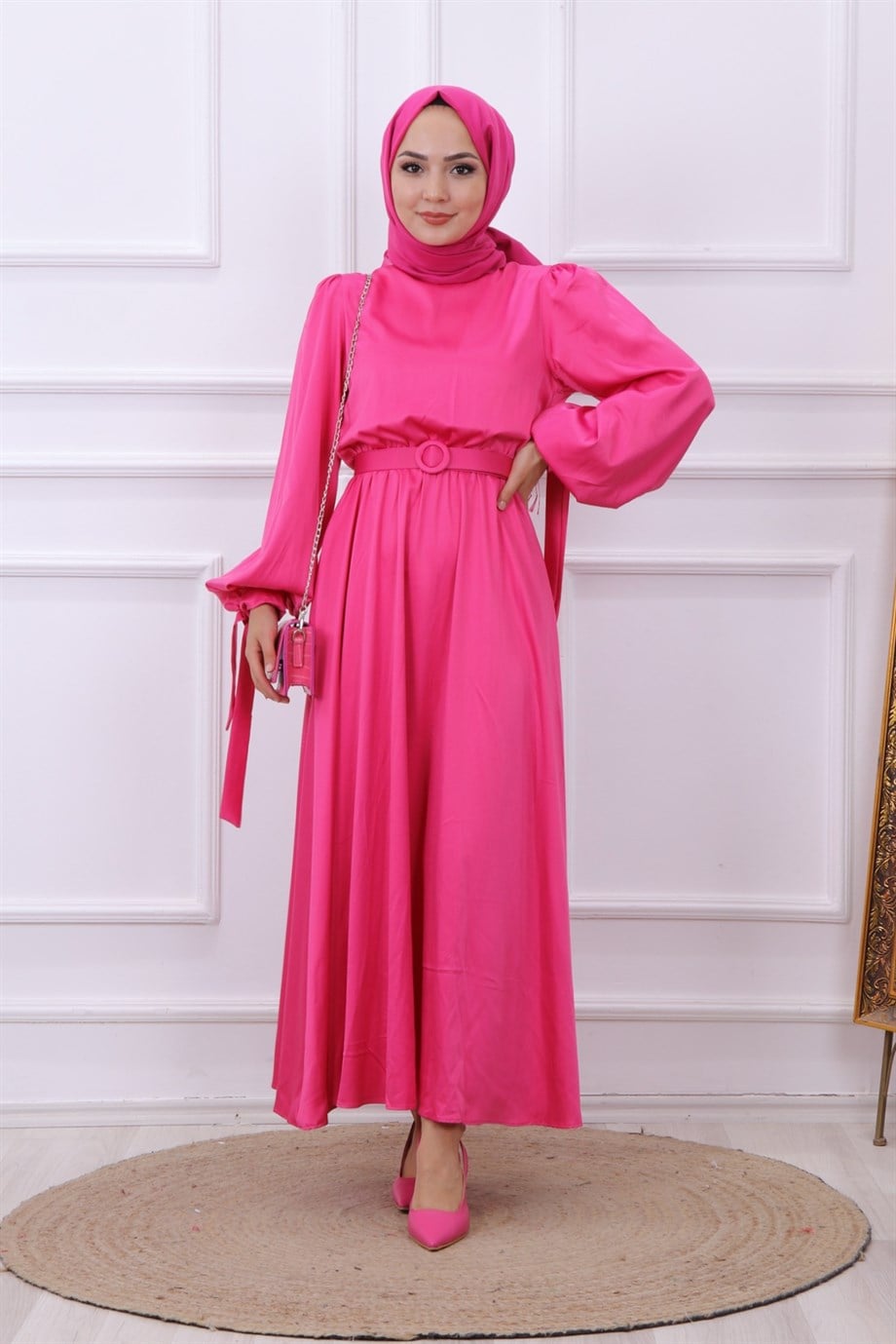 Balon Kol Saten Elbise Pembe