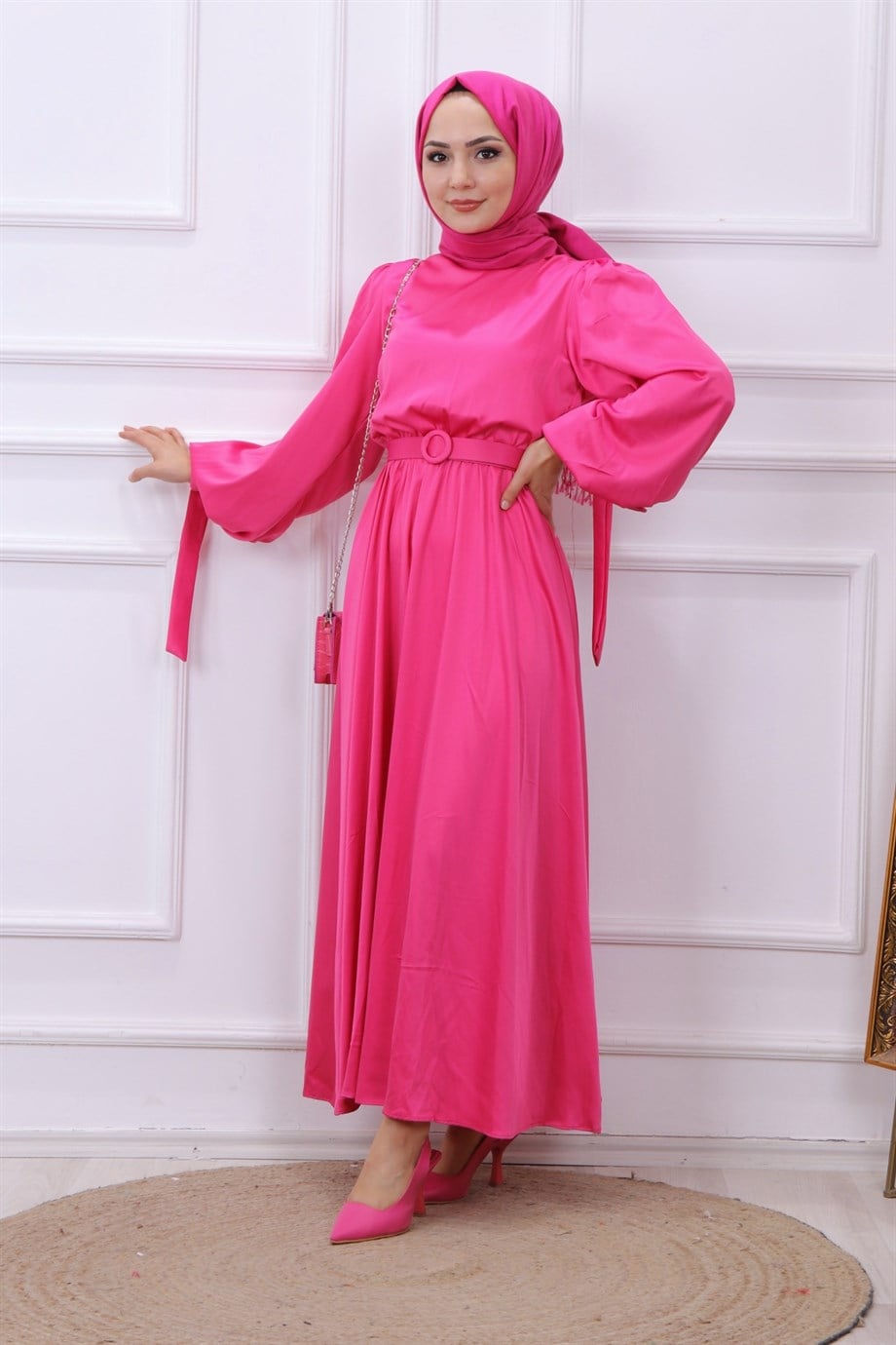 Balon Kol Saten Elbise Pembe