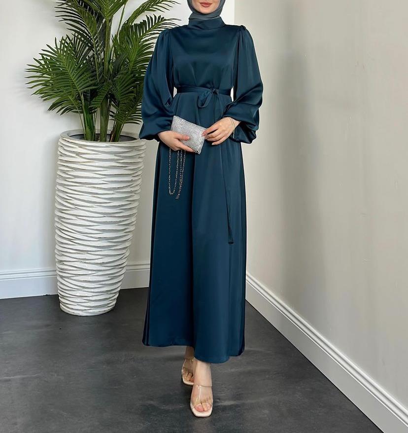 Balon Kol Saten Elbise  Petrol Mavisi 