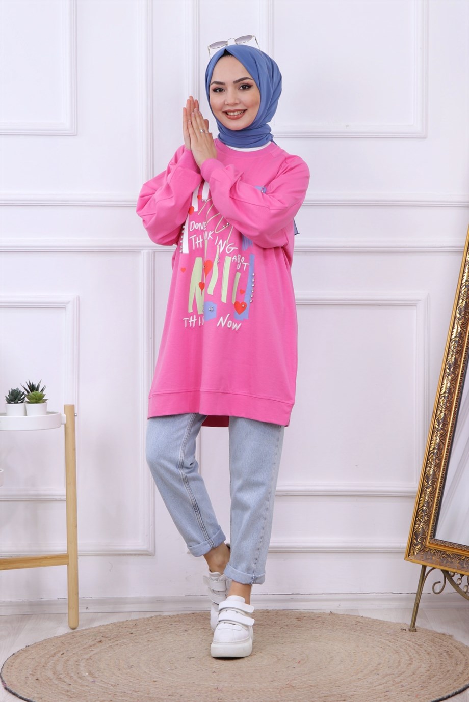 Baskı Ve Taş İşlemeli Sweat Pembe 