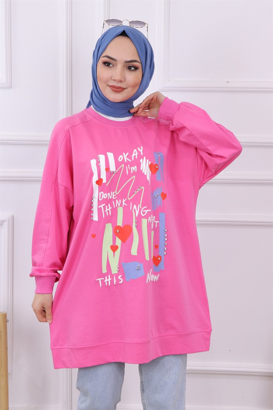 Baskı Ve Taş İşlemeli Sweat Pembe 