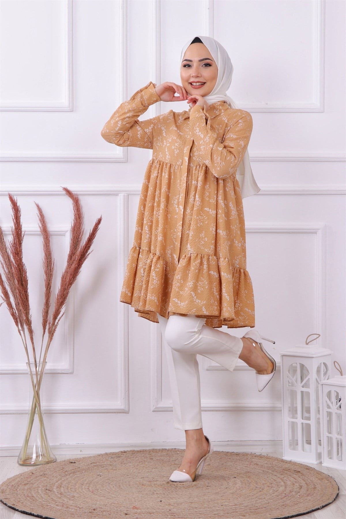 Baskılı Gofre Tunik Camel