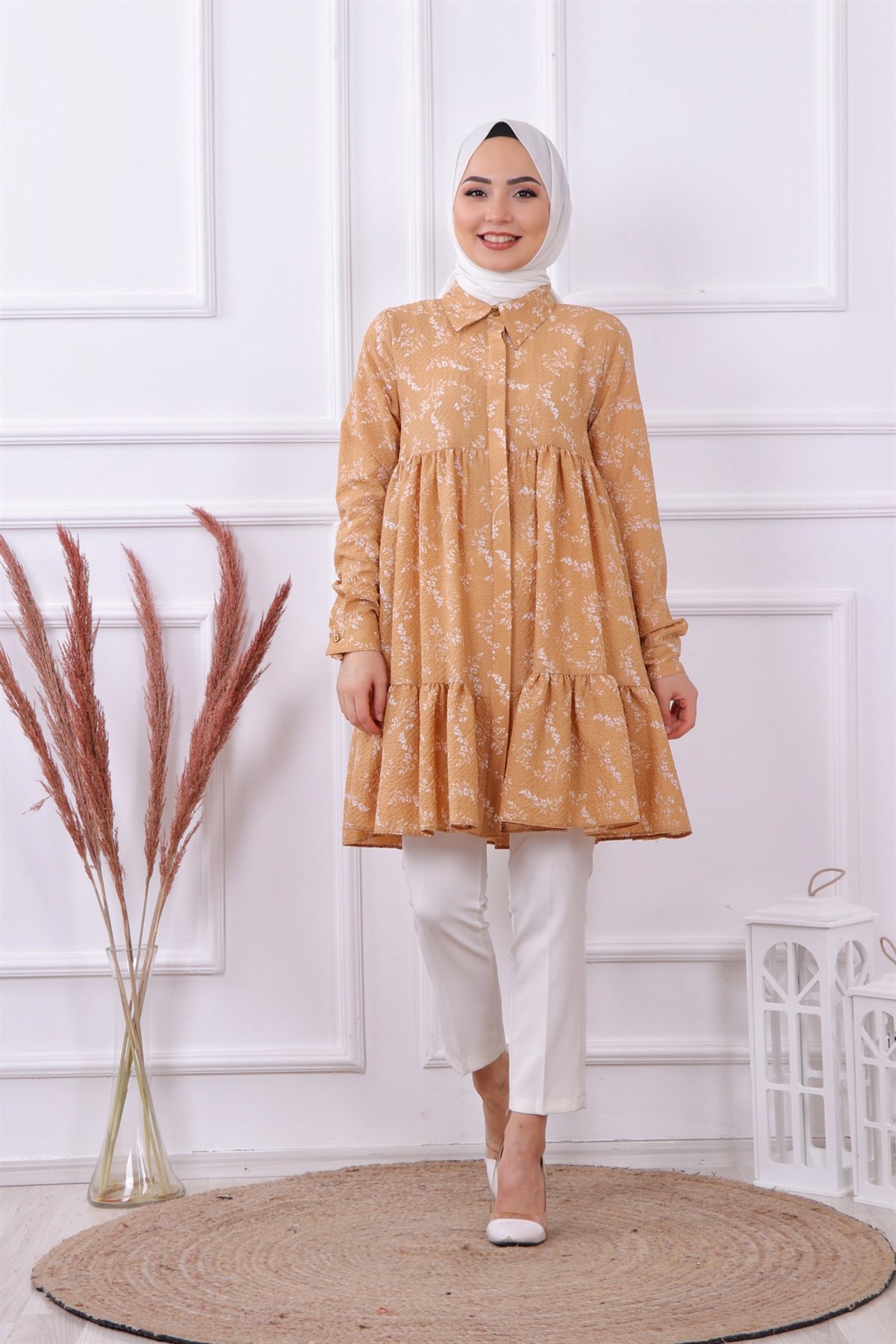 Baskılı Gofre Tunik Camel