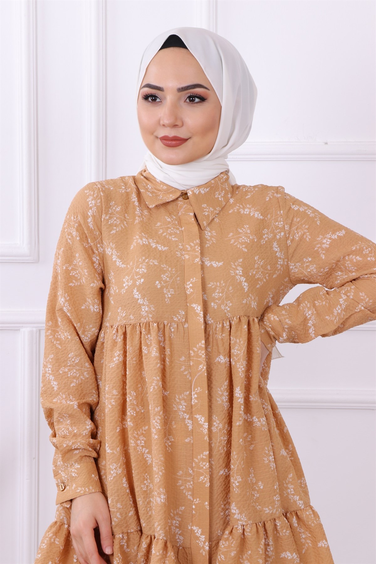 Baskılı Gofre Tunik Camel