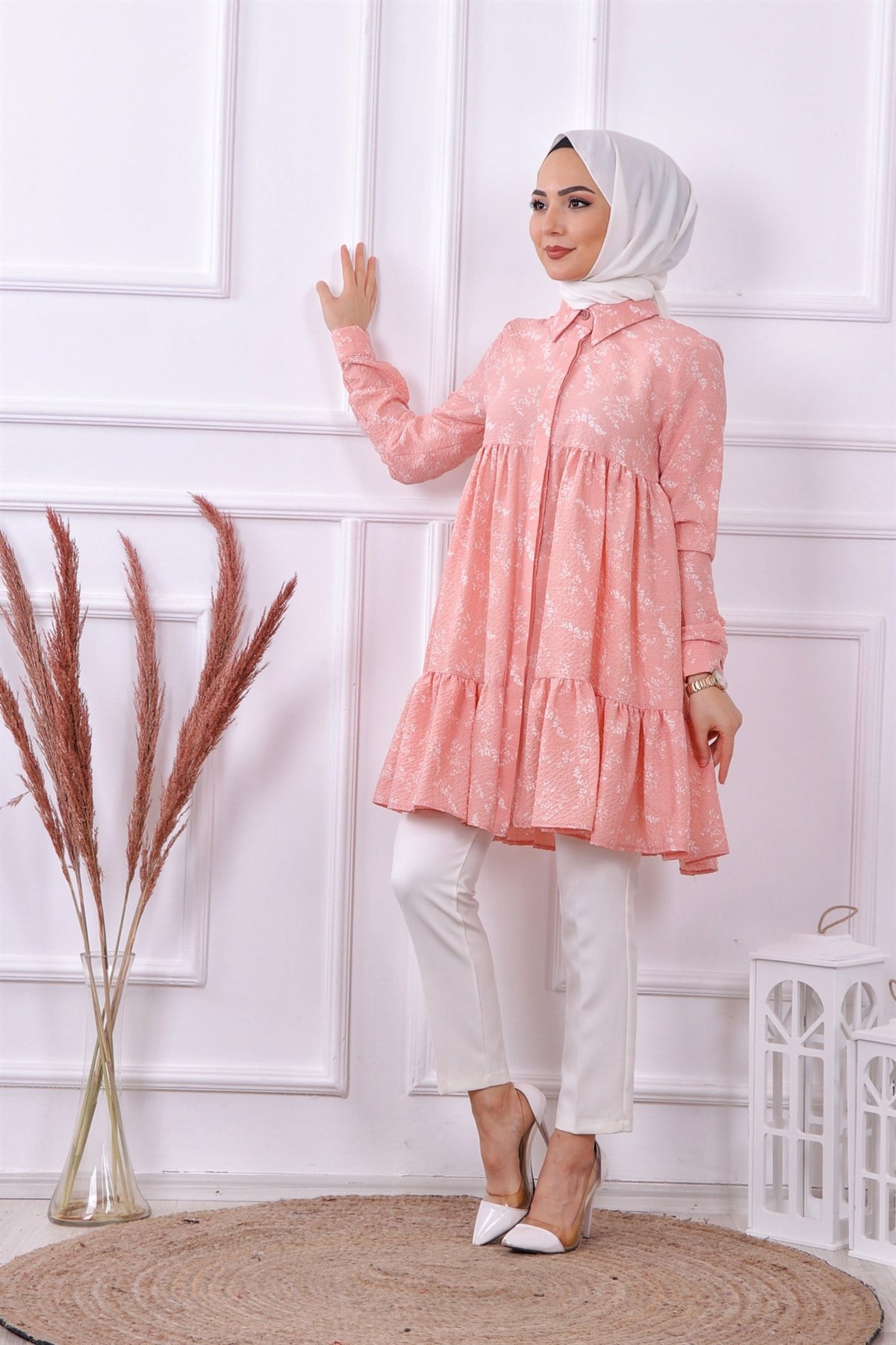 Baskılı Gofre Tunik Pembe