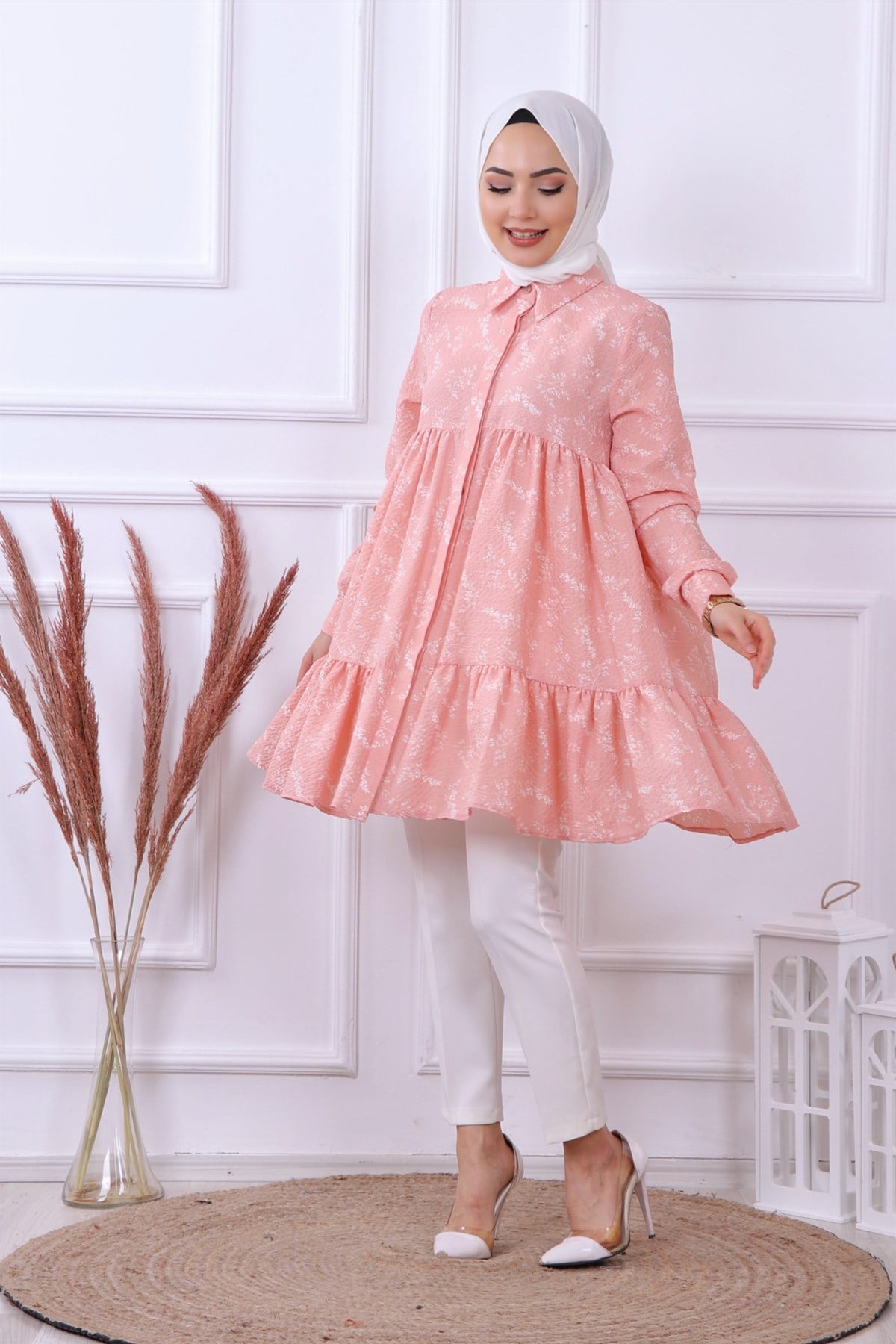Baskılı Gofre Tunik Pembe