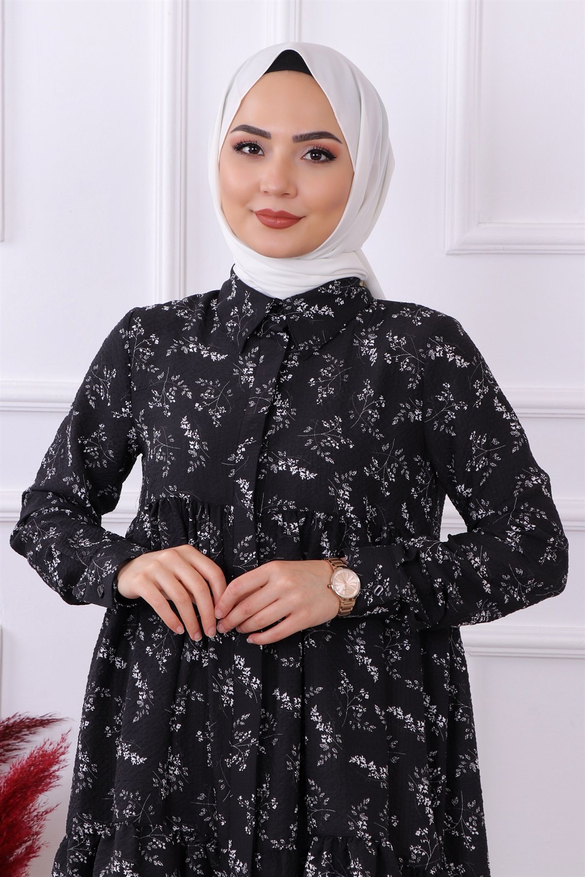 Baskılı Gofre Tunik Siyah