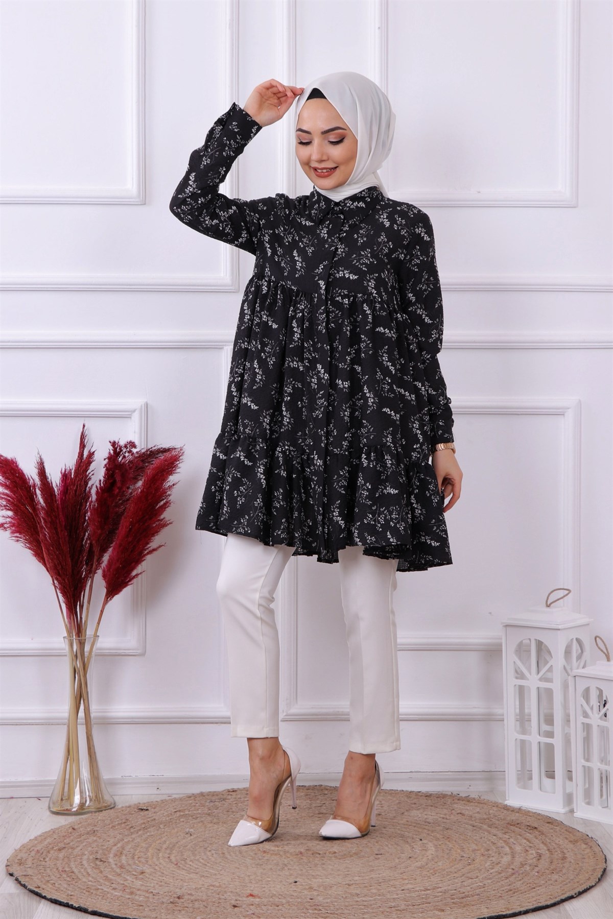 Baskılı Gofre Tunik Siyah