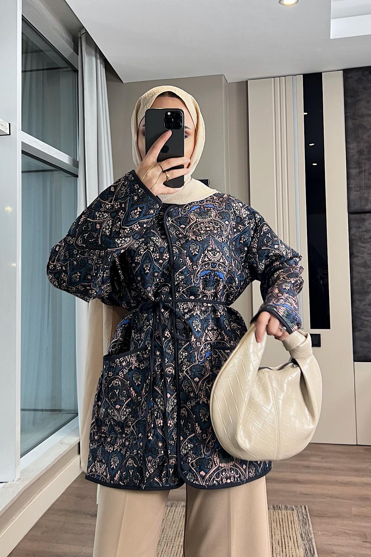 Desenli Kimono Lacivert 