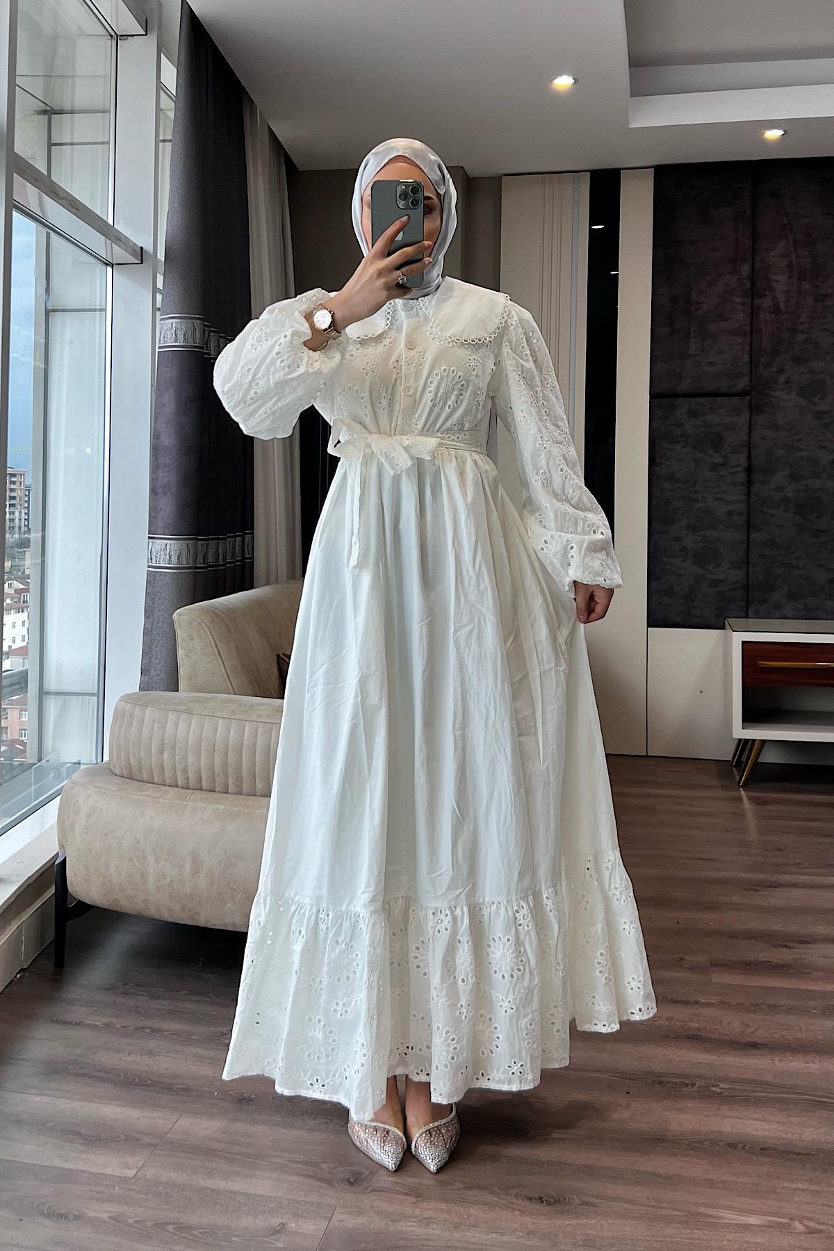 Bebe Yaka Fisto Elbise Beyaz