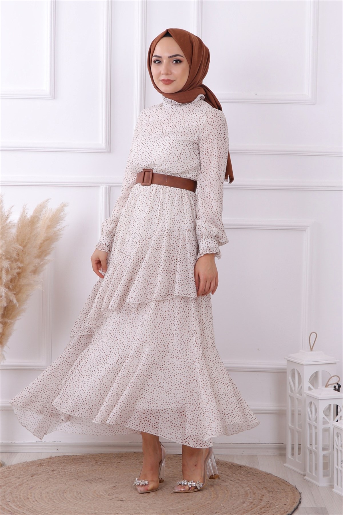 Bej Puantiyeli Geometrik Model Elbise