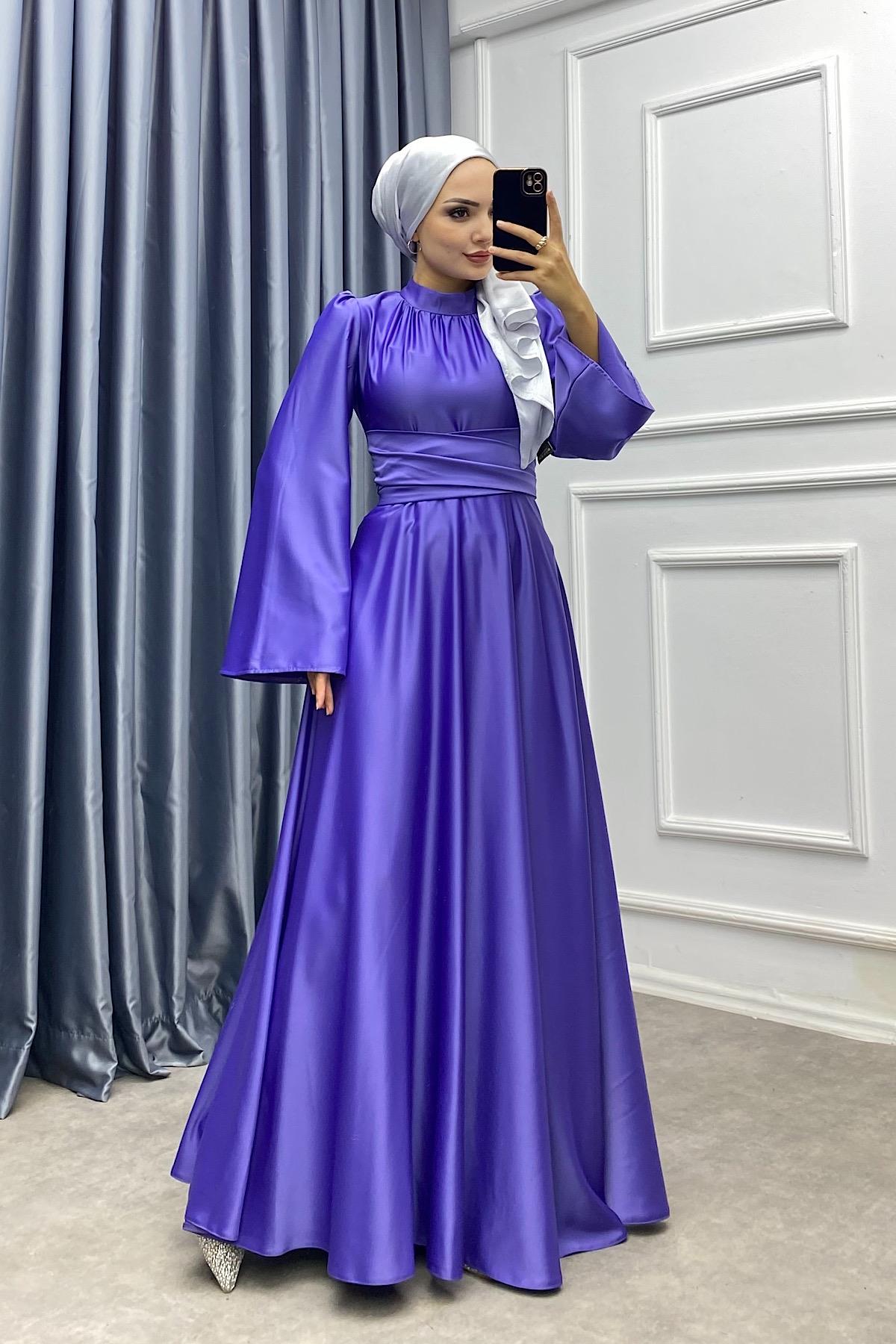 Bel Bağlamalı Saten Elbise 